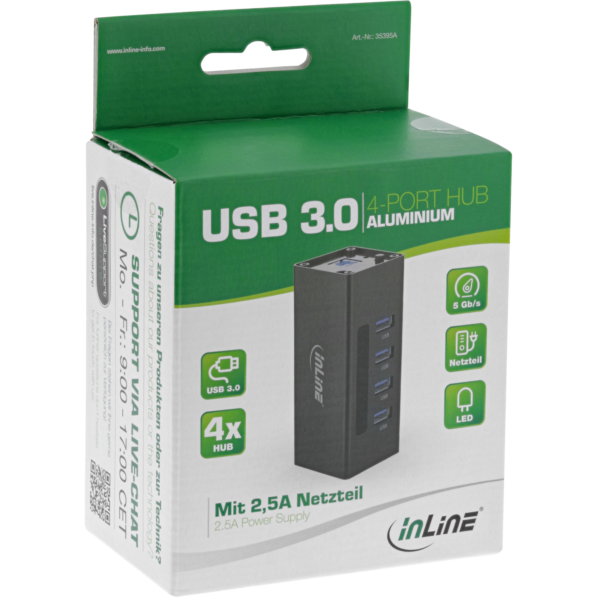 Hub USB 3.0 a 4 porte in scatola. L'hub nero è mostrato sulla scatola con altre icone.