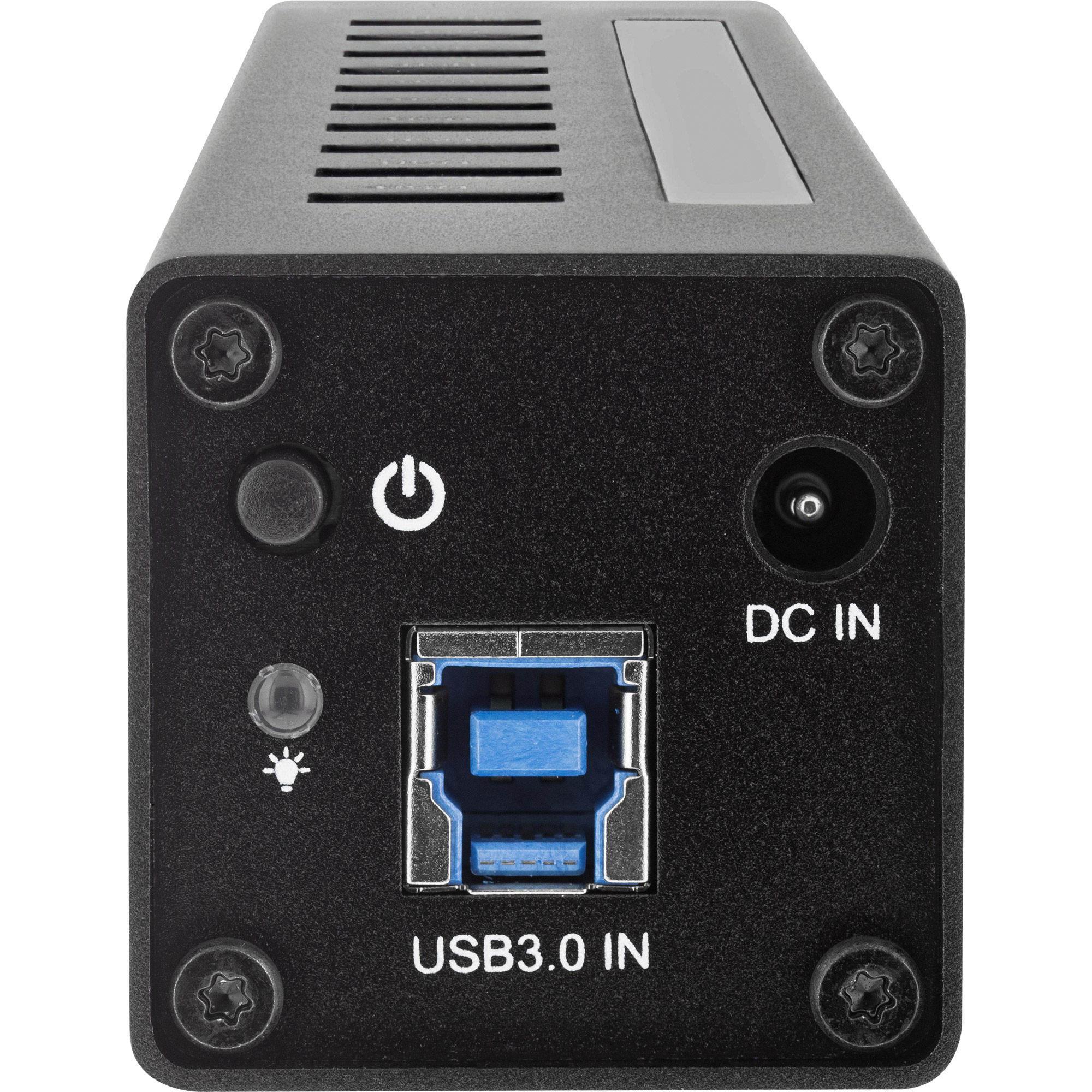 Vista posteriore di un hub USB nero, che mostra una porta USB 3.0, il pulsante di accensione e DC IN.