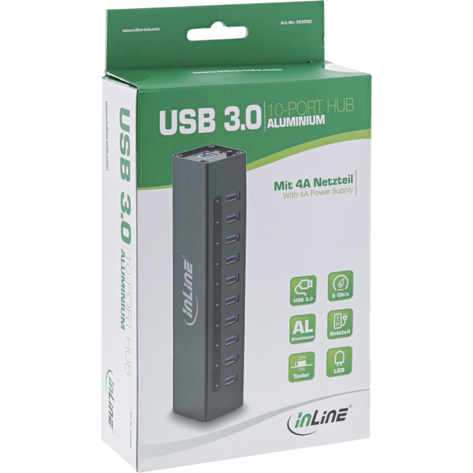 Hub USB 3.0 nero con design a 10 porte in una scatola. La scatola è bianca e verde con dettagli del prodotto.