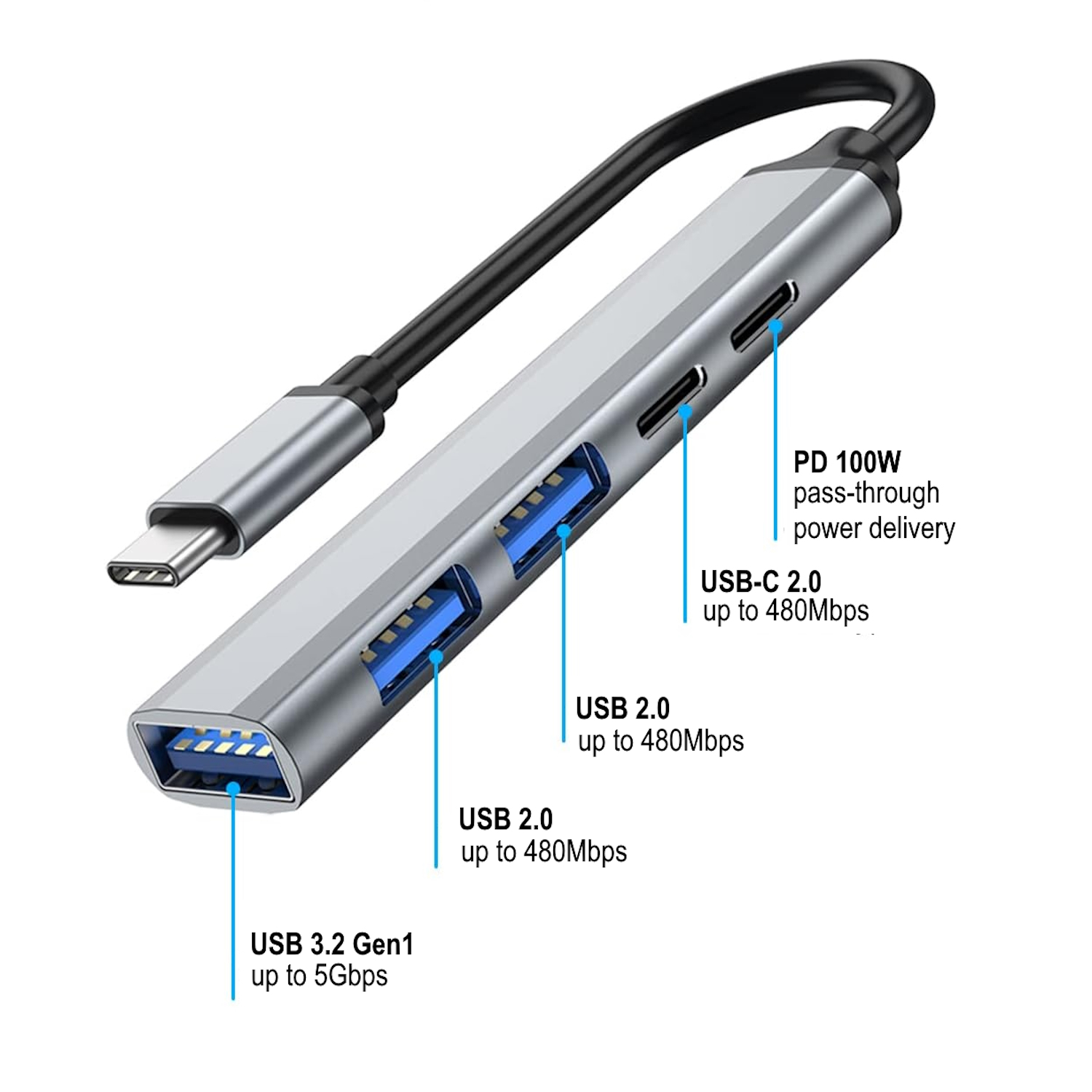 Hub USB argentato con più porte etichettate. Include USB 3.2 Gen1, USB 2.0 e porte USB-C.