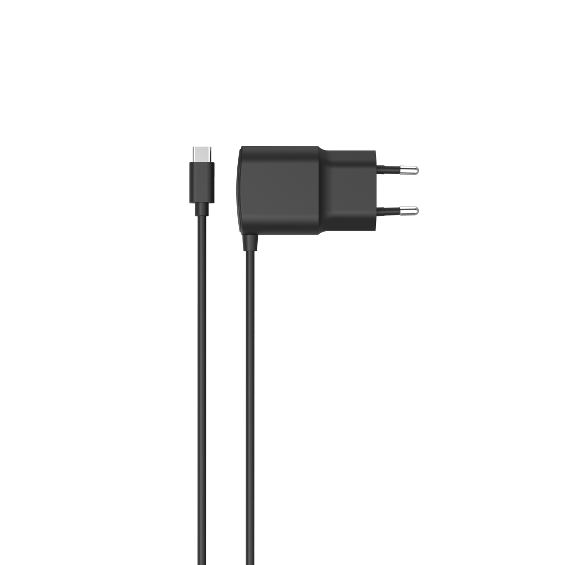 Czarna ładowarka do telefonu z kablem USB-C na białym tle.