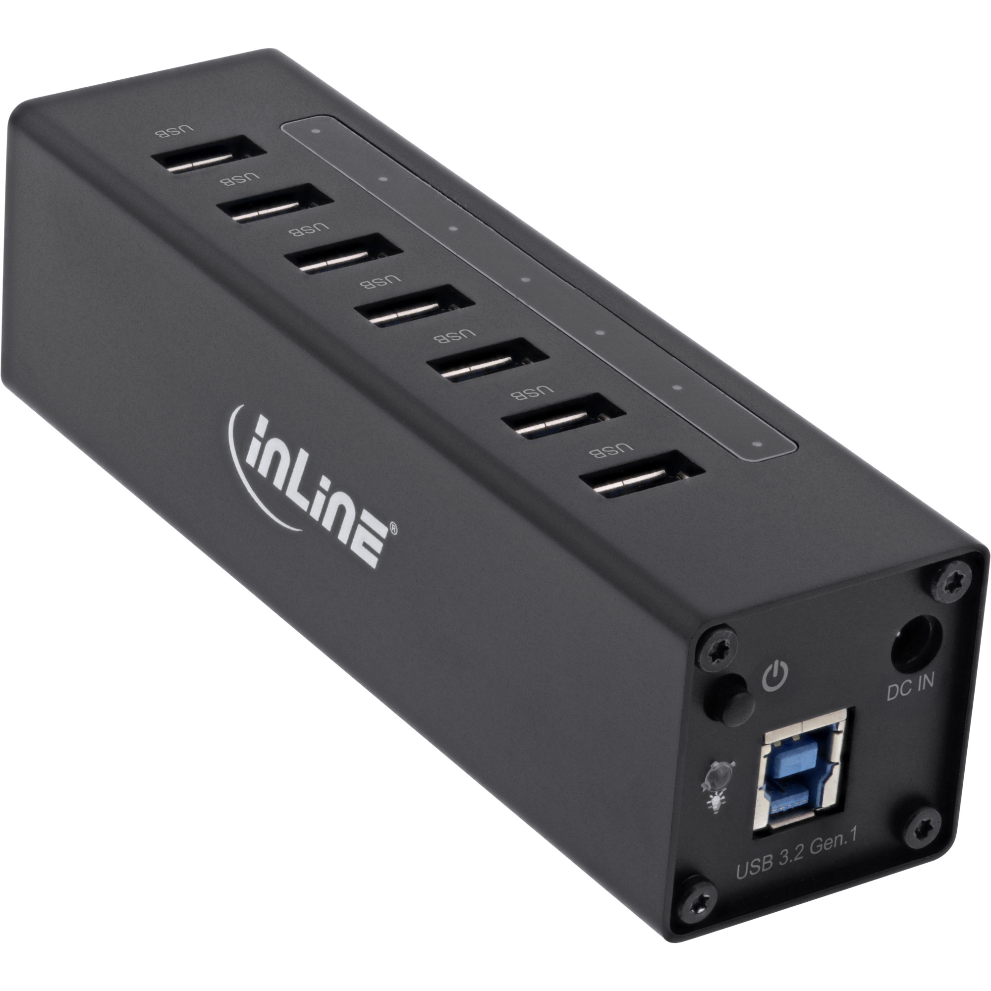 Hub USB nero con 9 porte USB. L'hub presenta il marchio 'inLine'.