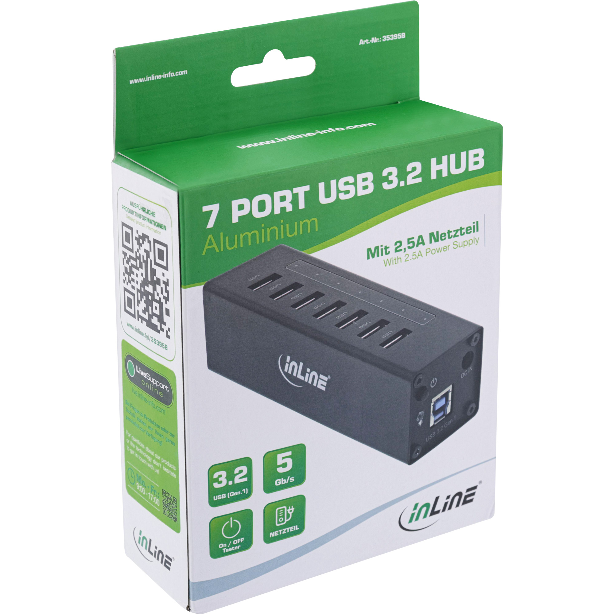 Scatola con un hub USB, testo '7 PORT USB 3.2 HUB' e caratteristiche del prodotto.