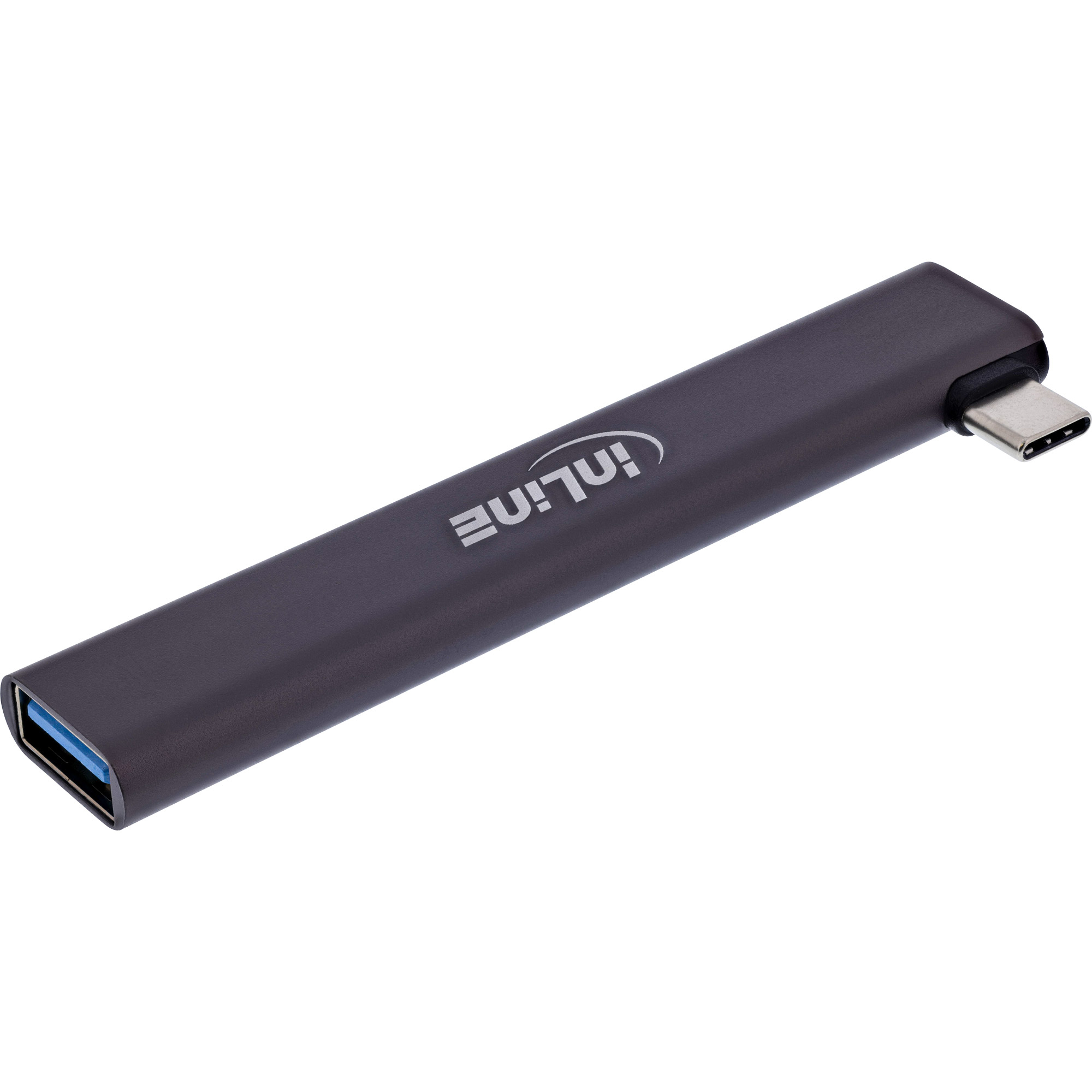 Adattatore da USB-C a USB 3.0 nero. Marchio 'inLine' sul lato lungo dell'adattatore.
