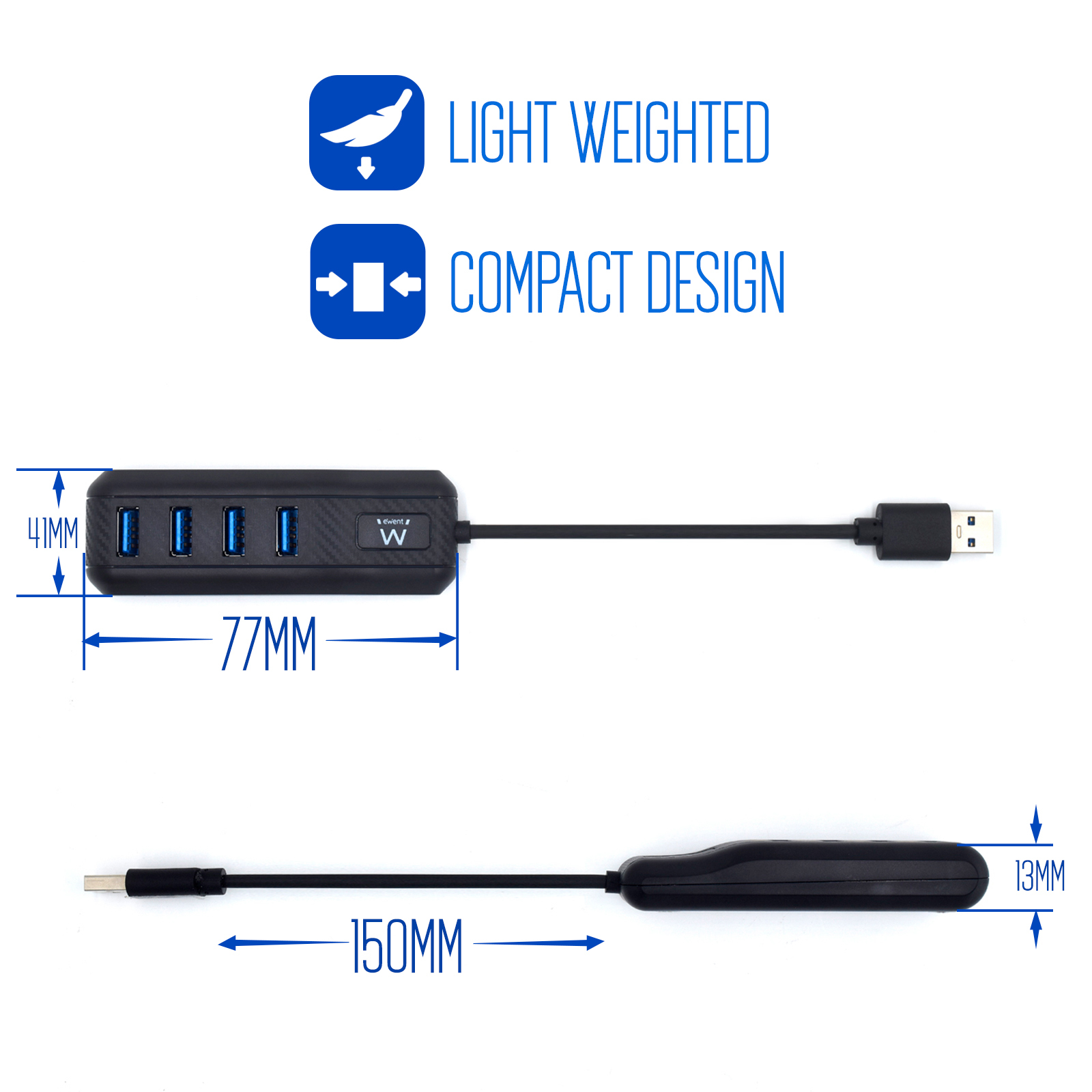 Hub USB nero con dimensioni. Il testo mostra leggerezza e design compatto.