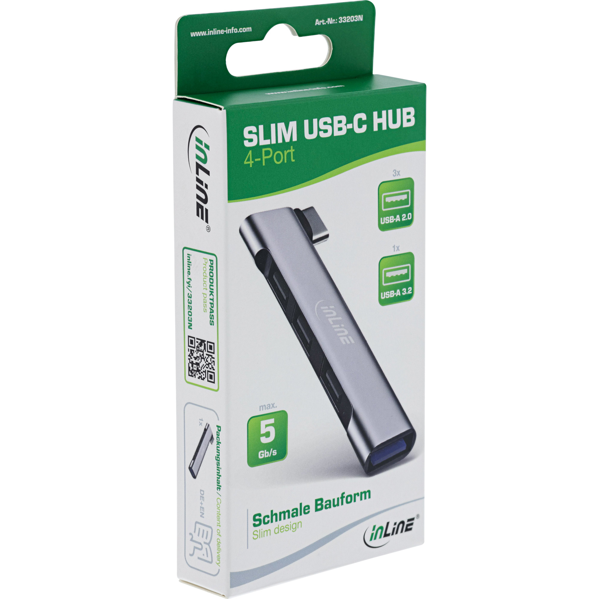 Un hub USB-C in una scatola. L'hub è argentato, con il marchio InLine sulla scatola.