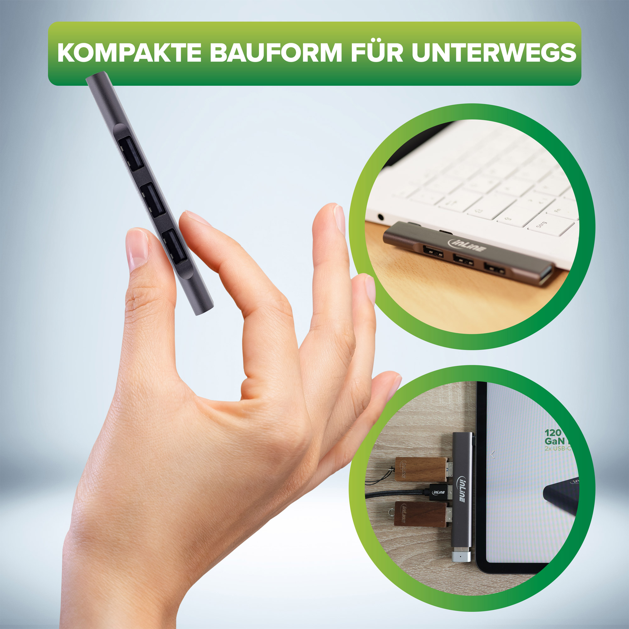 Una persona tiene in mano un hub multi-porta accanto a un laptop e un tablet, collegati a dispositivi.