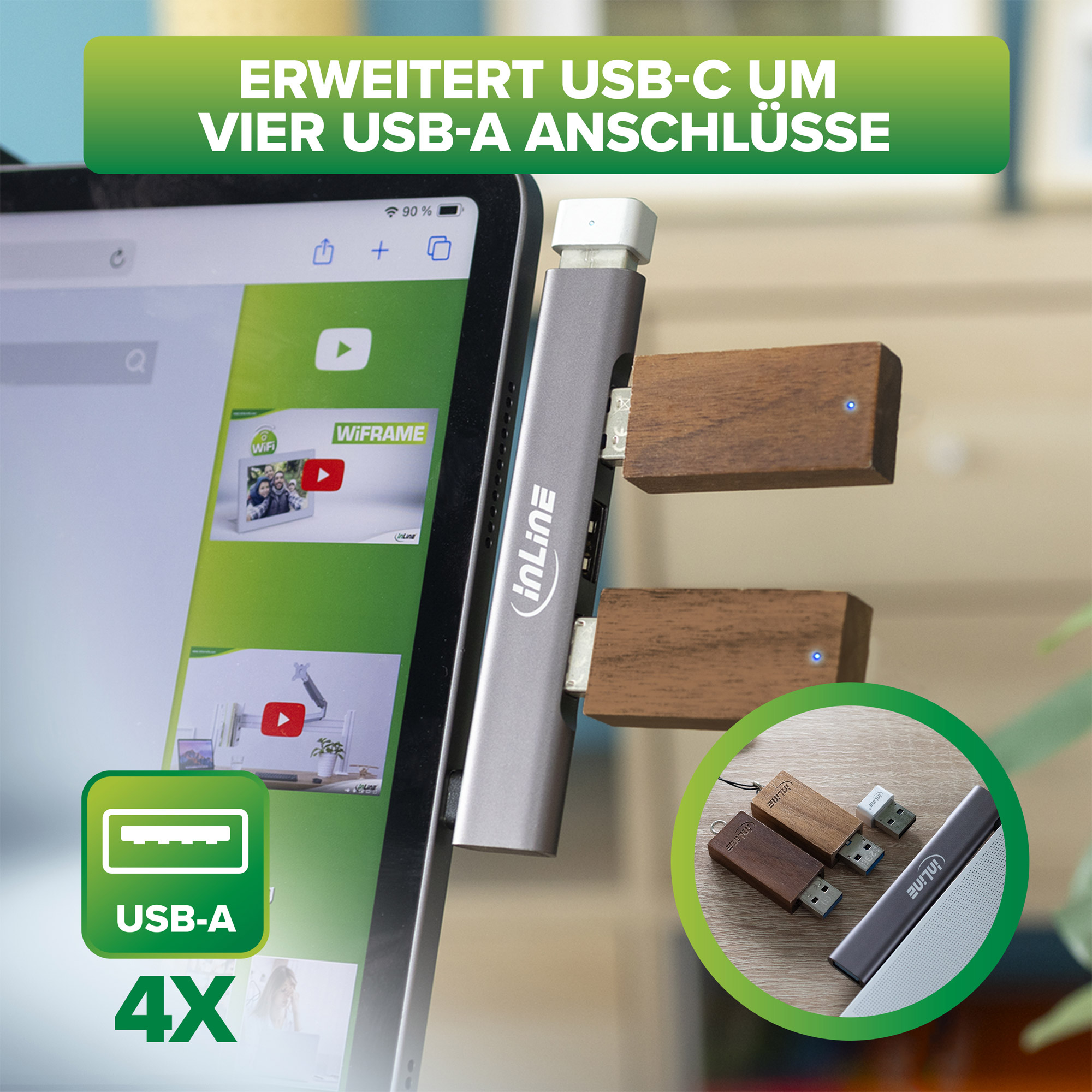 Hub USB-C con più porte, collegato a un tablet, con sfondo bianco.