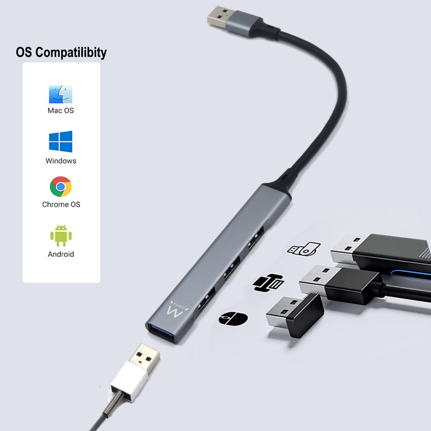 Hub USB argentato con più porte USB e un connettore USB. Sono visibili le icone di compatibilità del sistema operativo.
