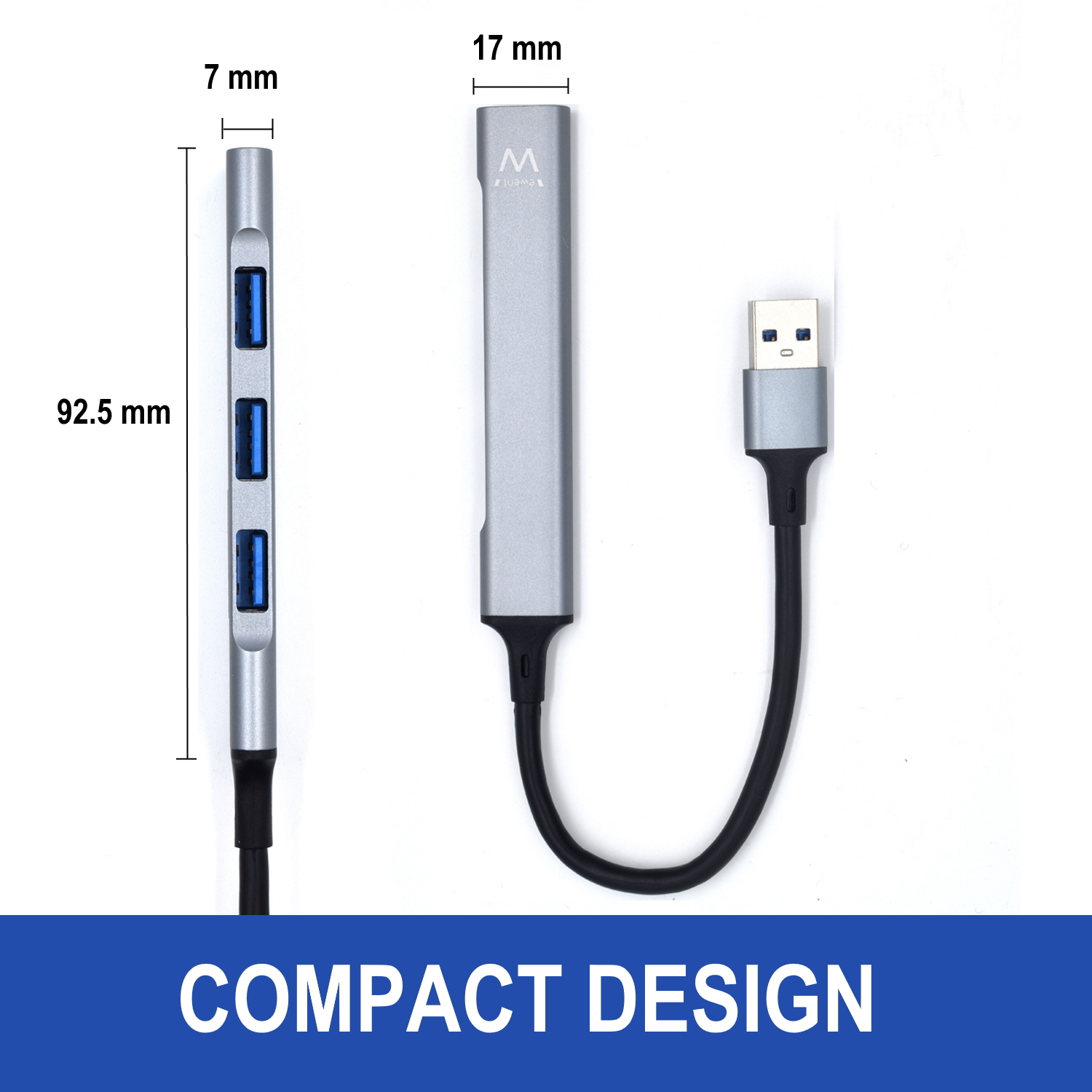 Hub USB argento a tre porte collegato a un connettore USB-A. Testo: Design compatto.