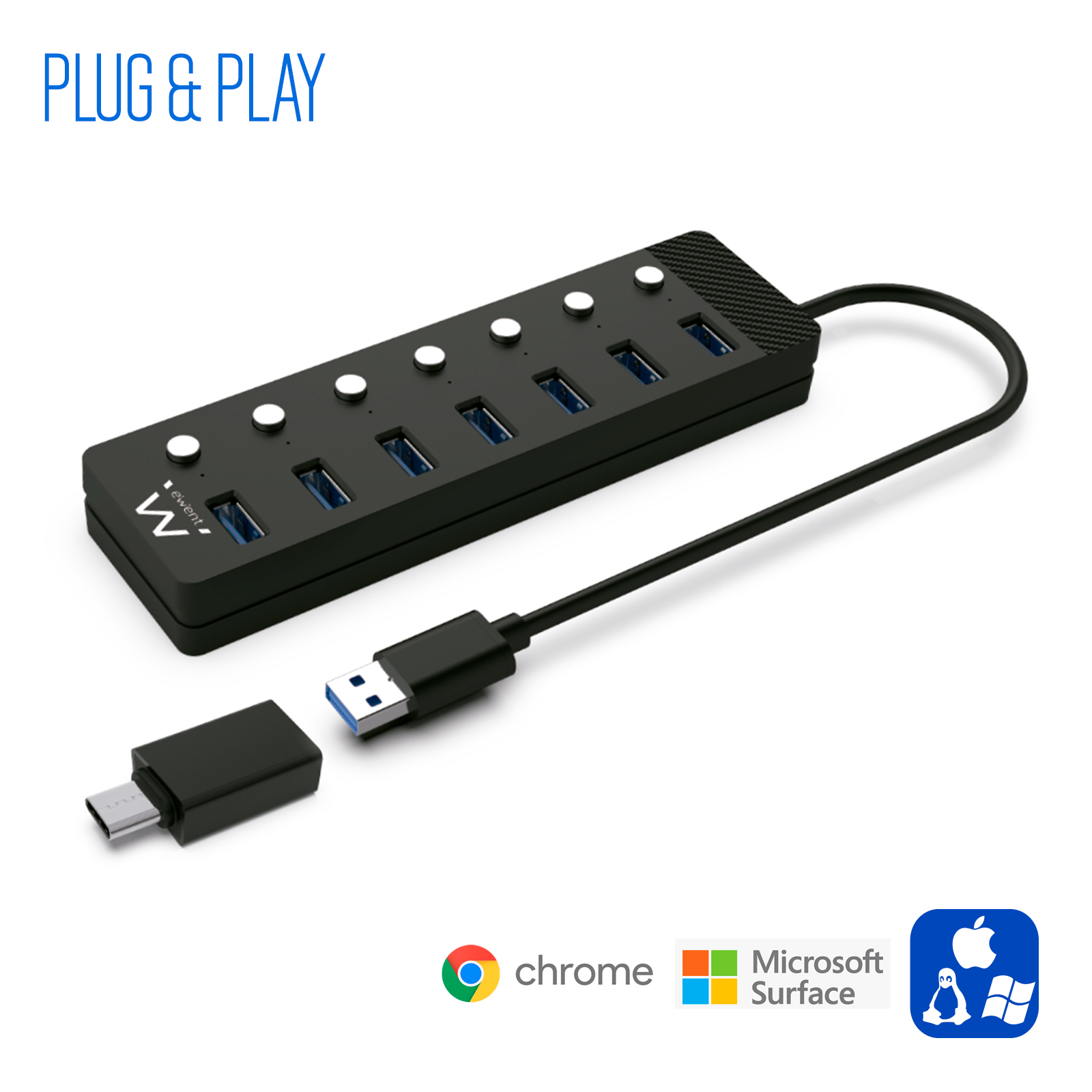 Hub USB nero con più porte USB, una porta USB-C e loghi per Chrome, Microsoft e Apple.
