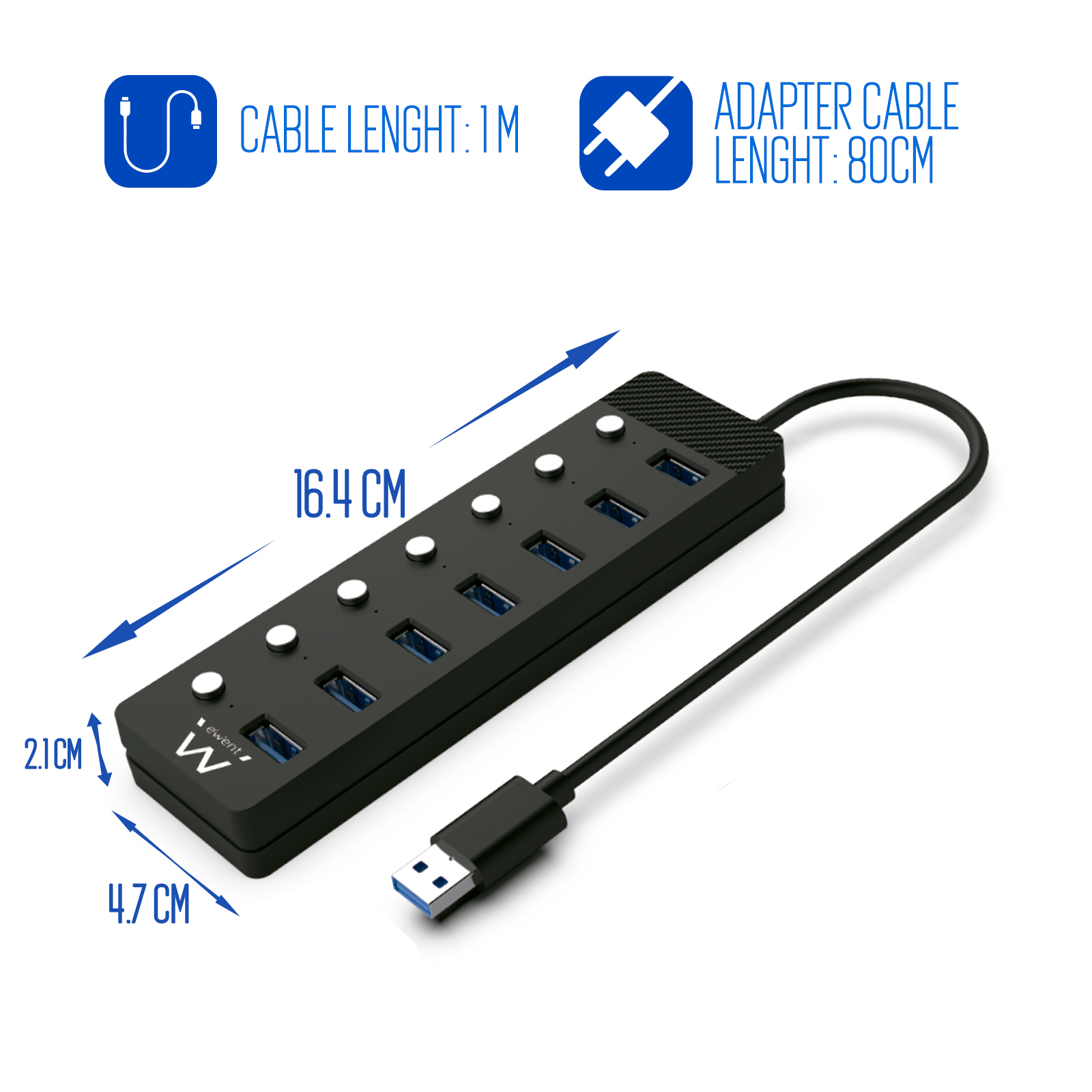 Hub USB nero con più porte, connettore USB blu e dimensioni etichettate.