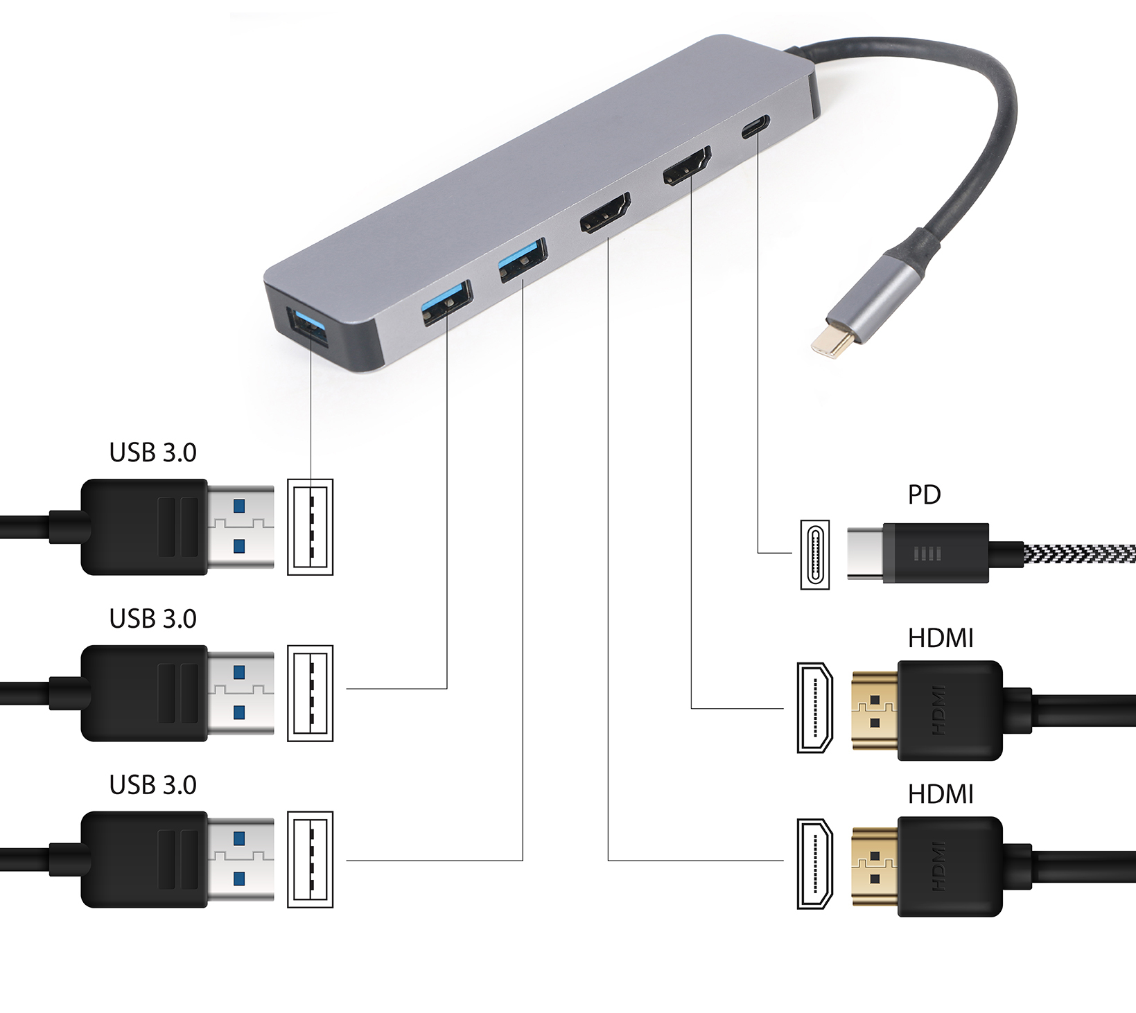 Silberner USB-Hub mit mehreren Anschlüssen und angeschlossenen Kabeln.