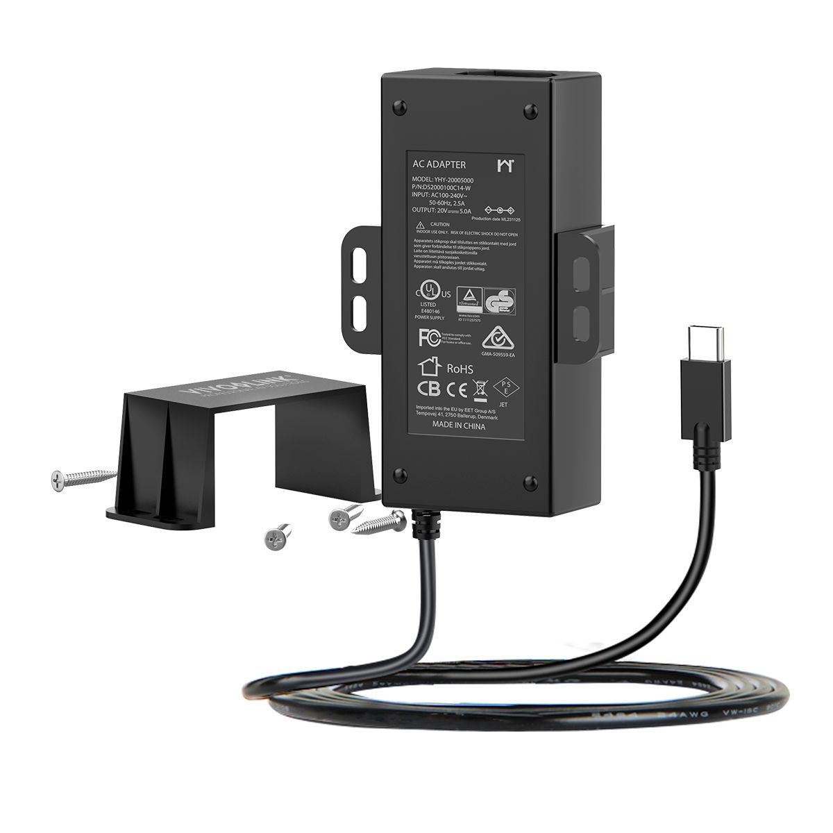 Adattatore CA nero con staffe di montaggio e cavo USB-C collegato. Sono visibili anche le viti.