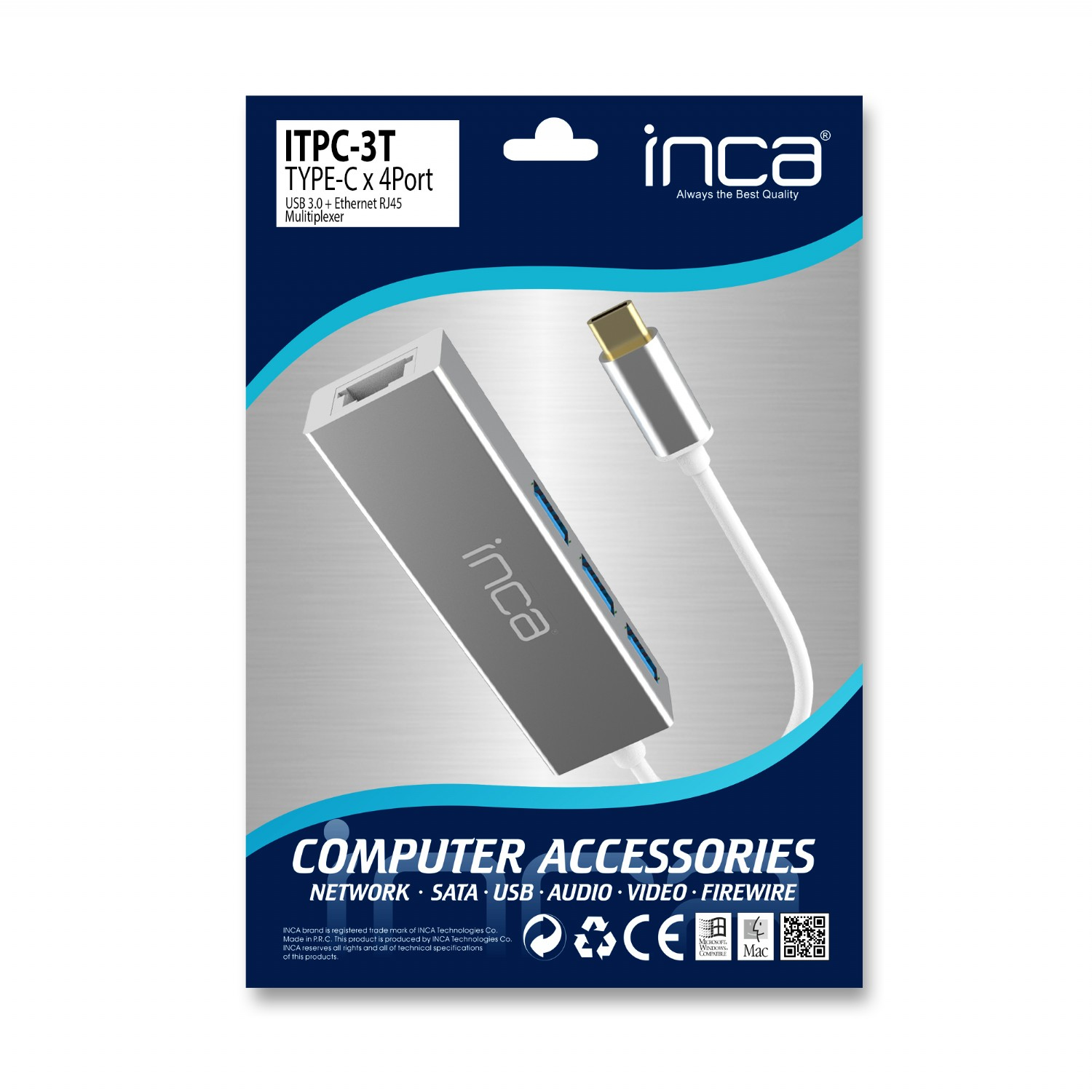 Silberner USB-C-Adapter mit RJ45-Port, USB-Ports und weißem Kabel.