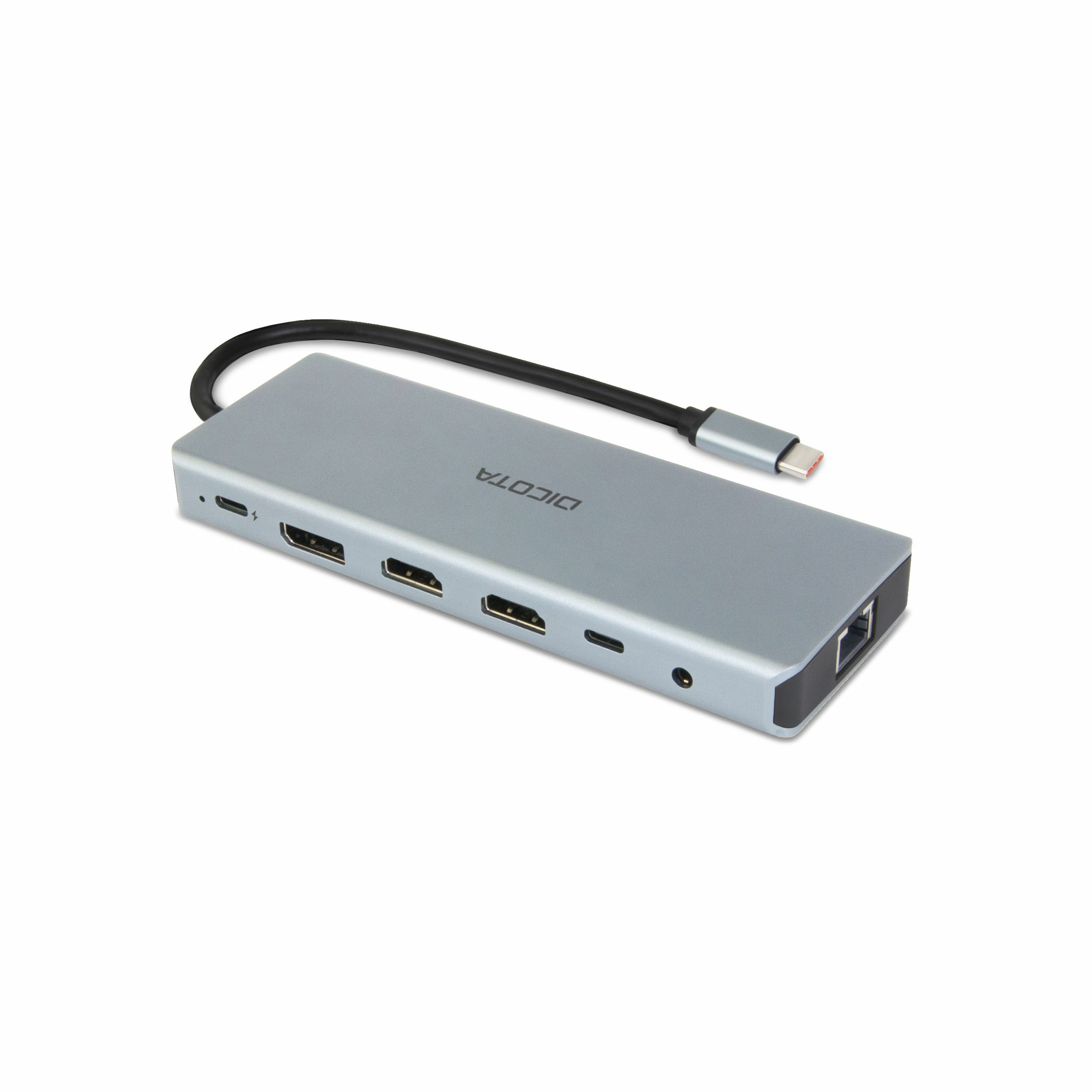 Silver hub with ports and a black cable. The ports include HDMI, USB-C, and Ethernet. White background.