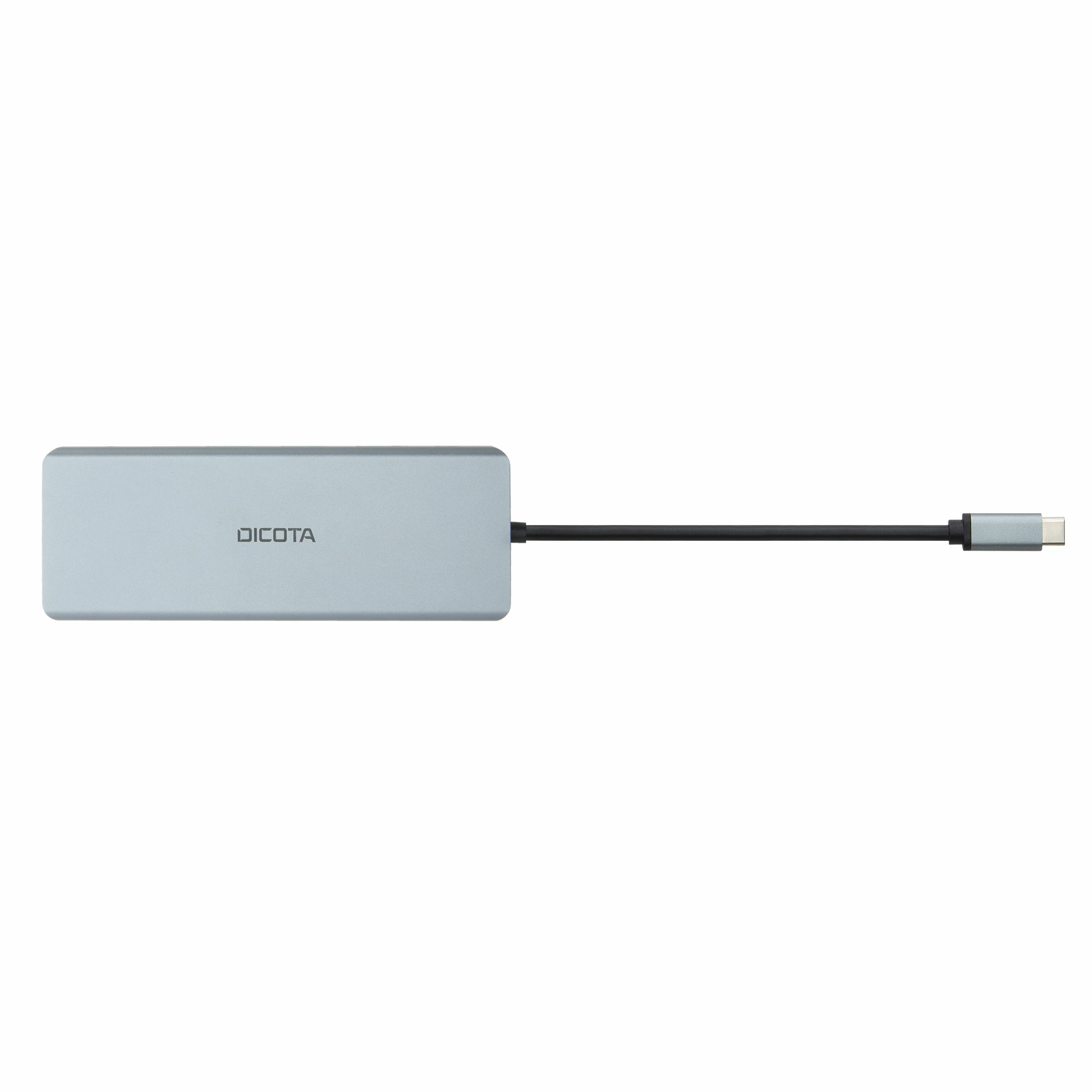 Silberner USB-C-Hub mit angeschlossenem Kabel, auf weißem Grund.
