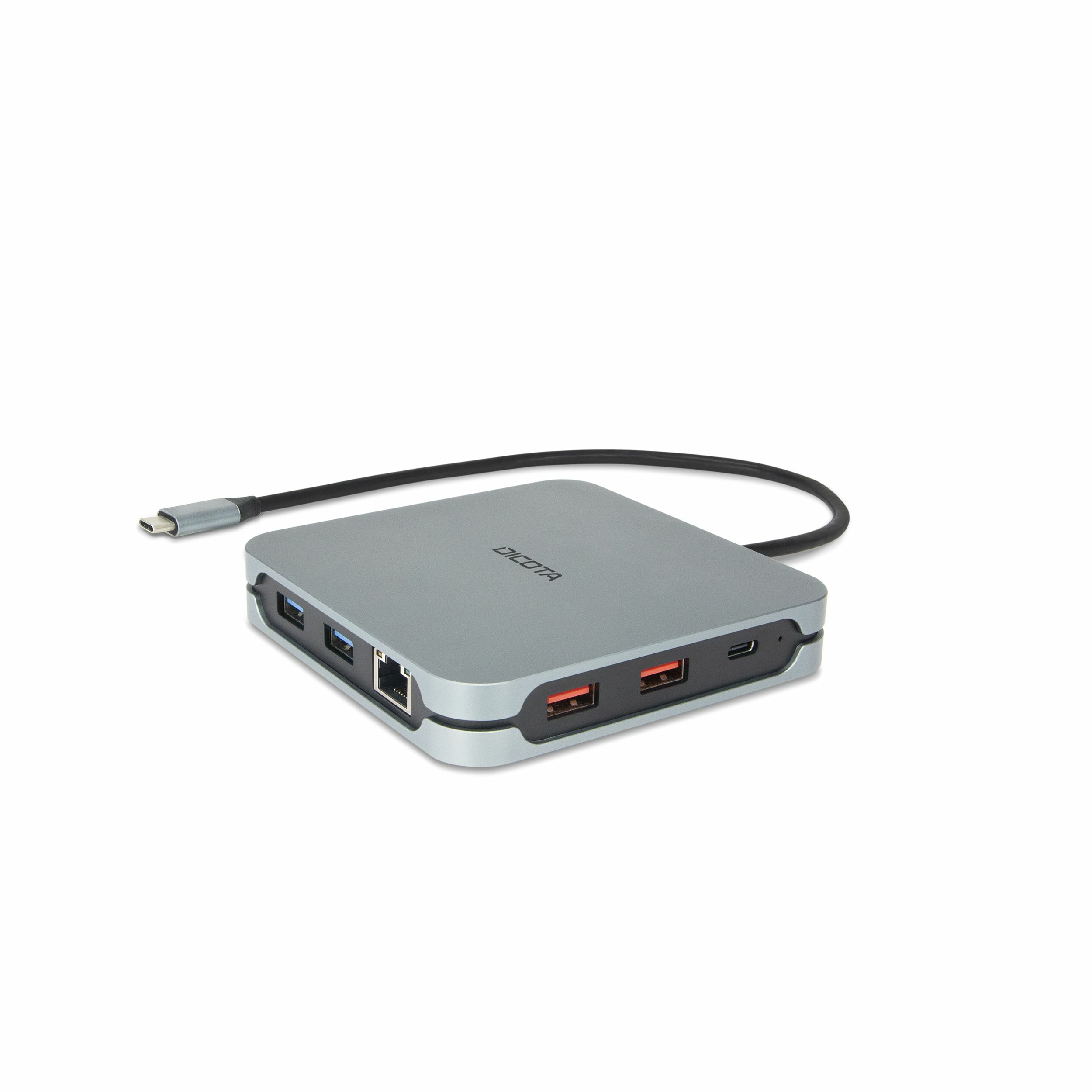Ein silberner Hub mit mehreren Anschlüssen und einem schwarzen Kabel, verbunden mit USB-C.