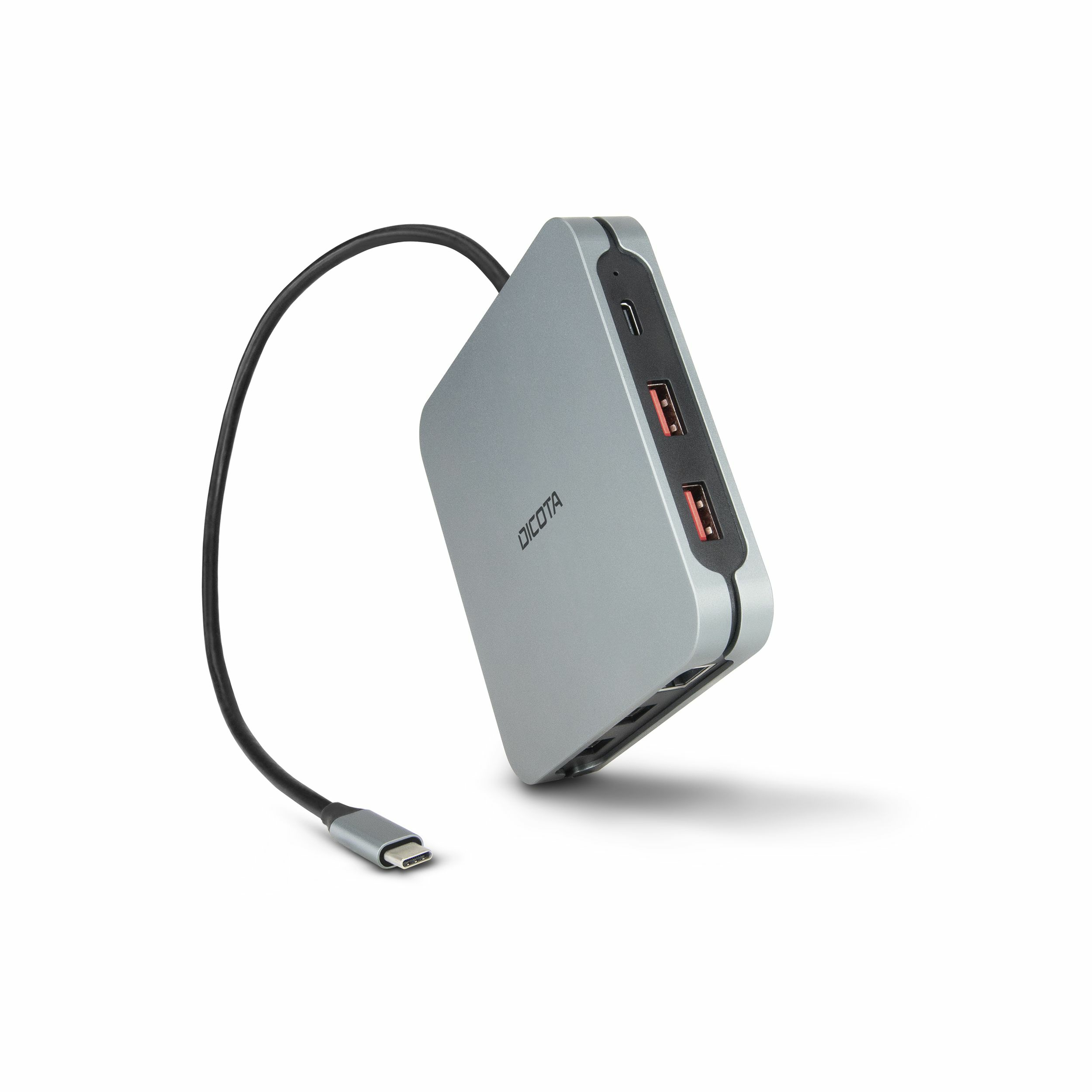 Silberner Dicota-Hub mit USB-Anschlüssen und angeschlossenem Kabel.