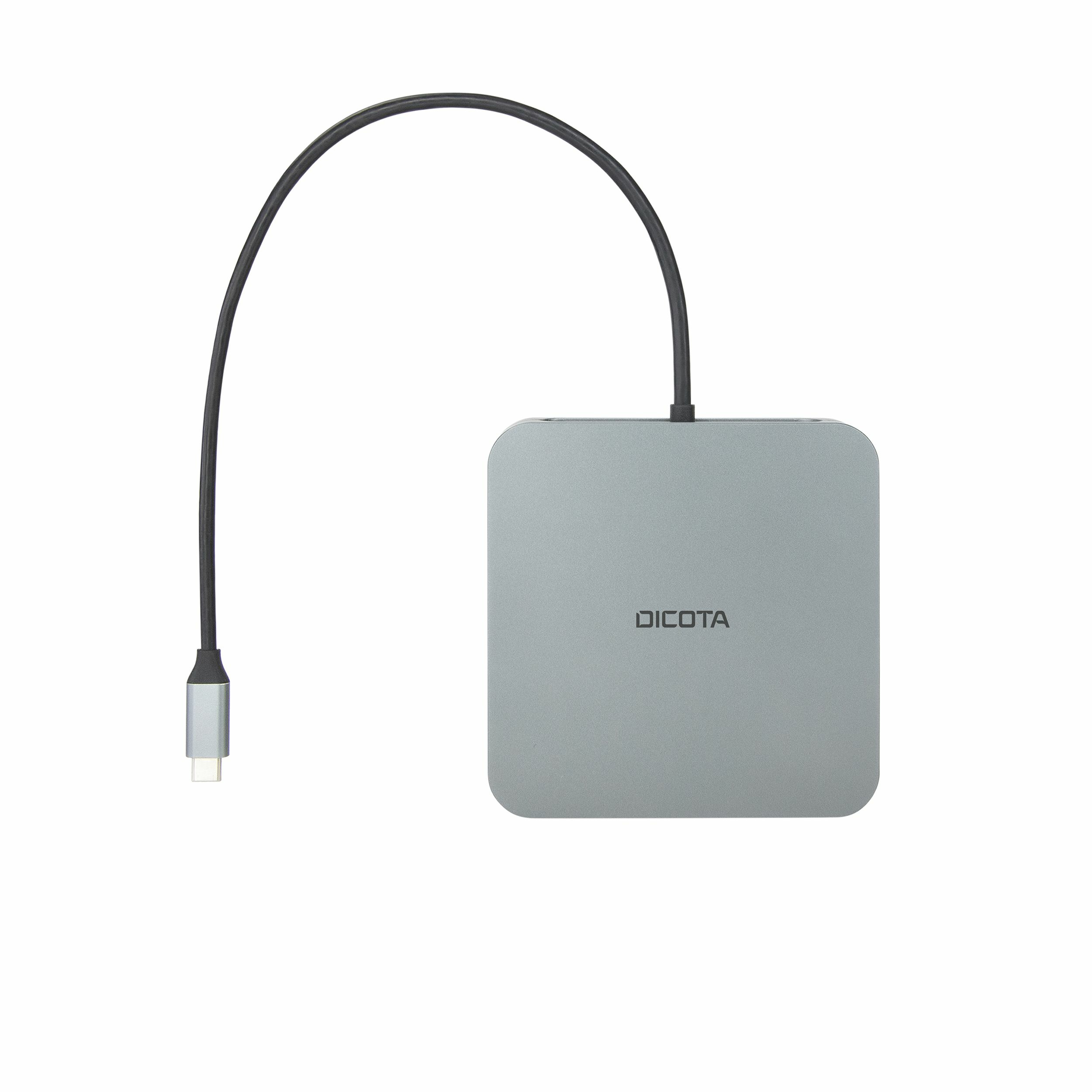 Grauer Dicota USB-C-Hub mit angeschlossenem Kabel. Das Kabel ist schwarz.