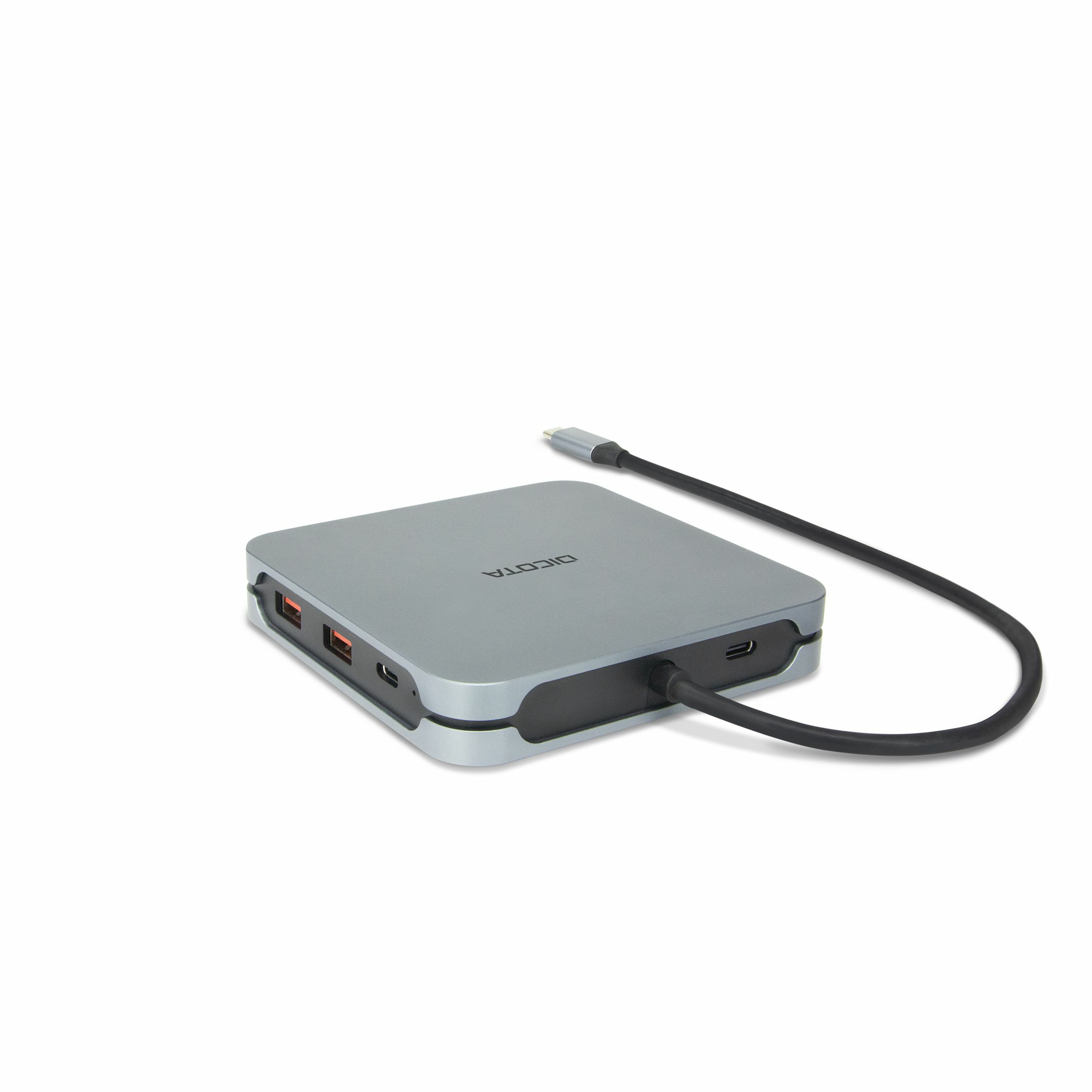 Grauer Dicota USB-C-Hub mit mehreren Anschlüssen und einem angeschlossenen schwarzen Kabel.