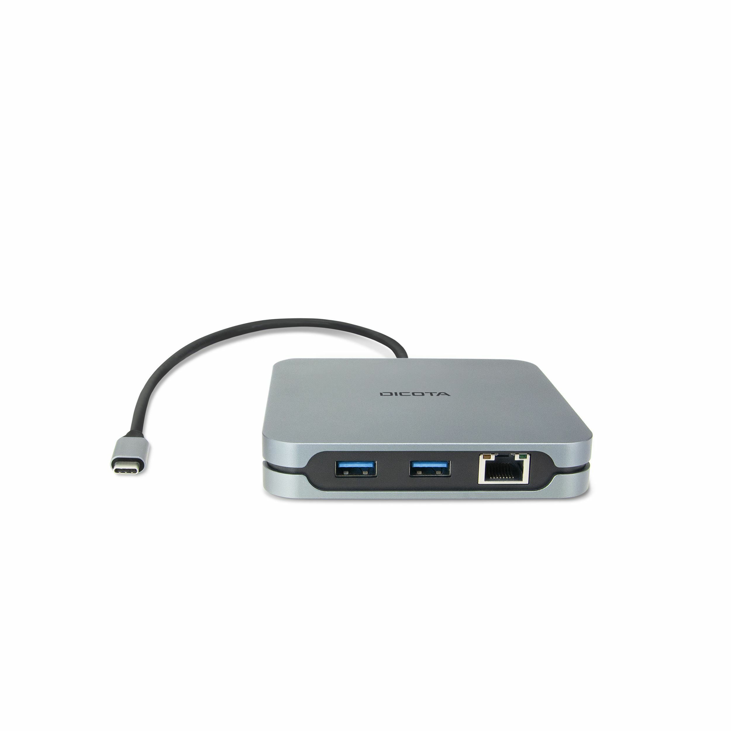 Dicota USB-C Hub. Grauer Hub mit USB-Anschlüssen und einem Ethernet-Anschluss, mit Kabel.