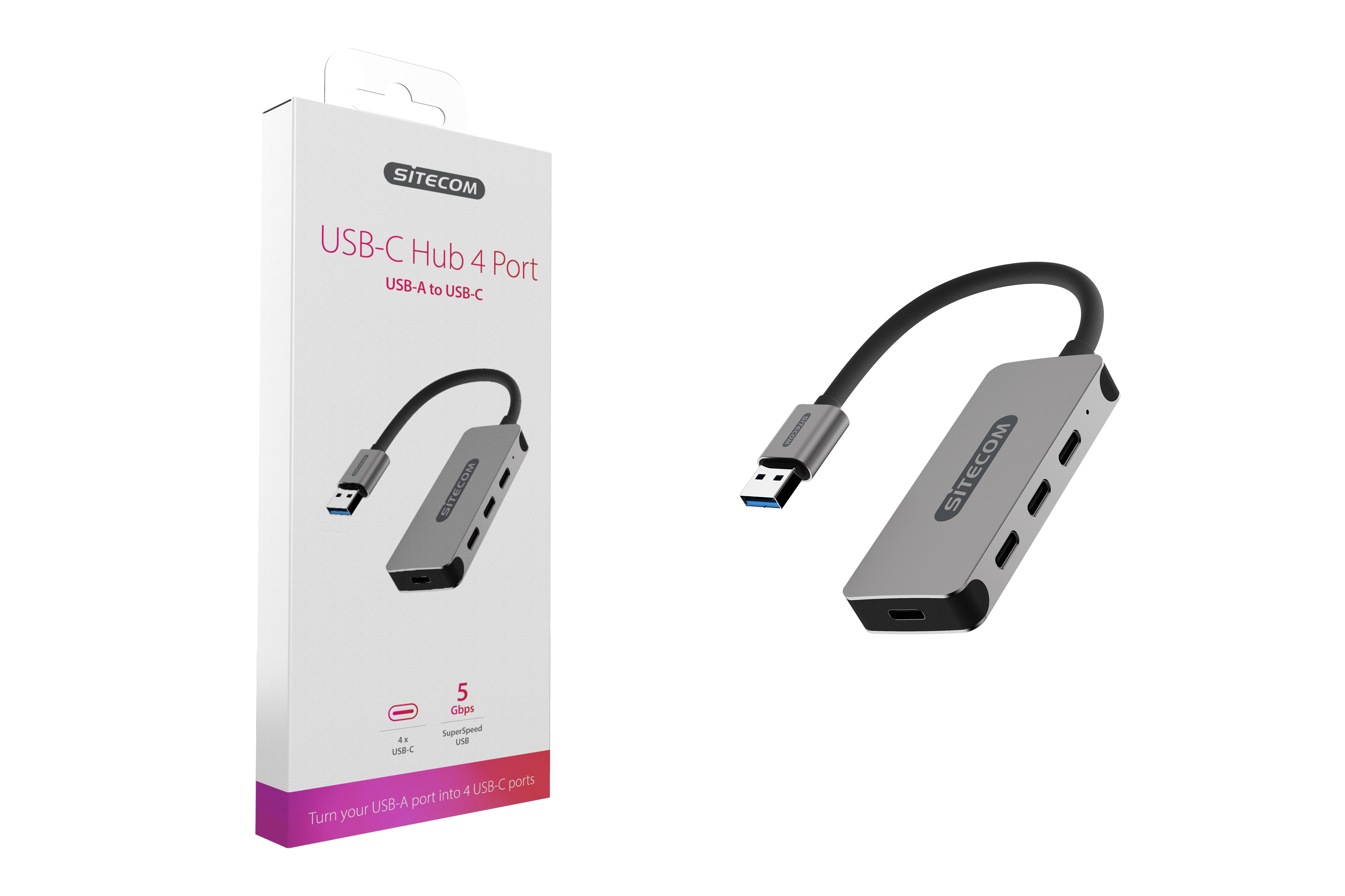 Weiße Box mit Sitecom USB-C Hub 4 Port. Ein silberner Hub mit Kabel ist sichtbar. Der Hintergrund ist weiß.