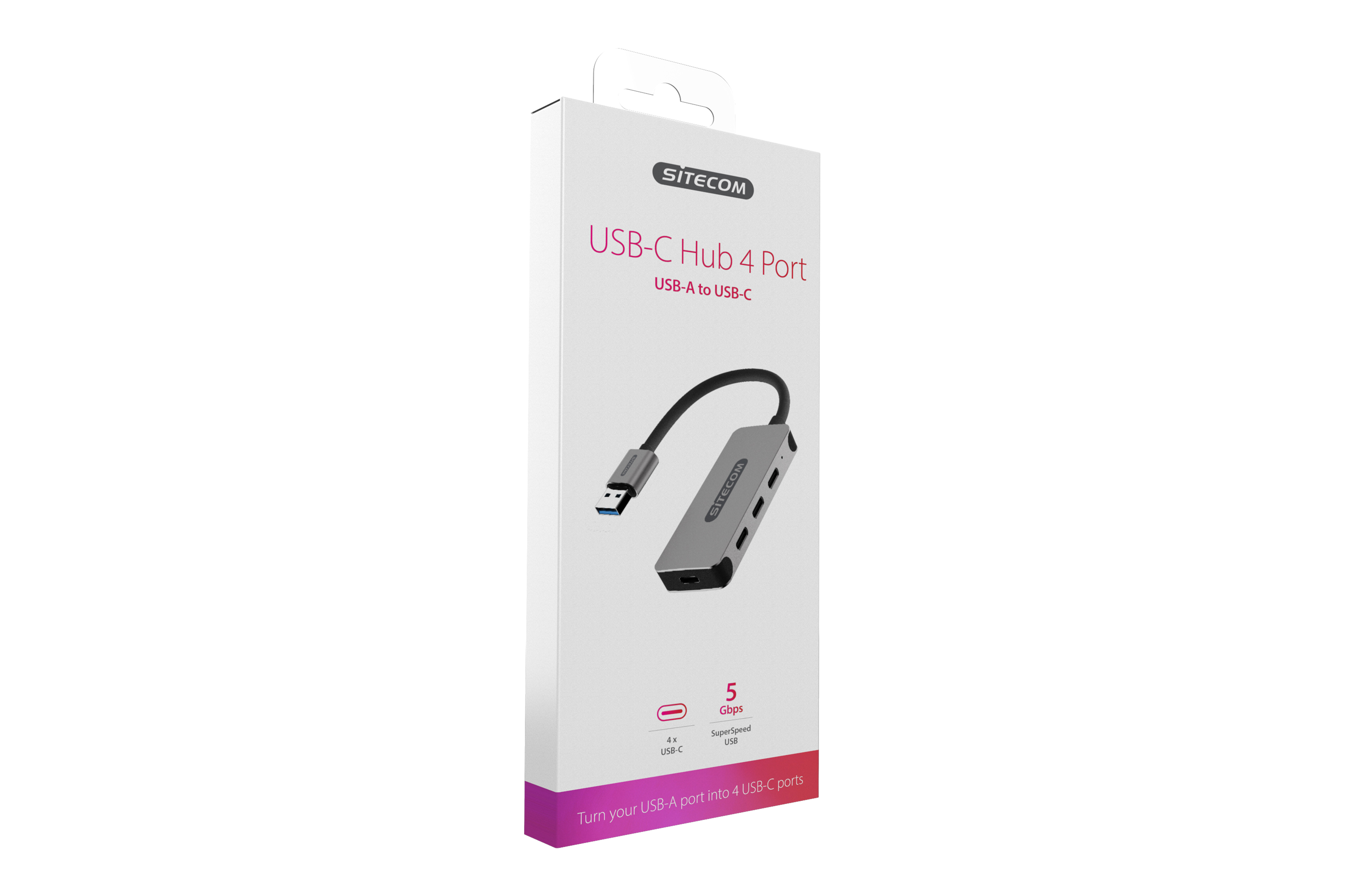 Boxed SITECOM USB-C Hub 4 Port, mit einem USB-C-Kabel, auf weißem Hintergrund.