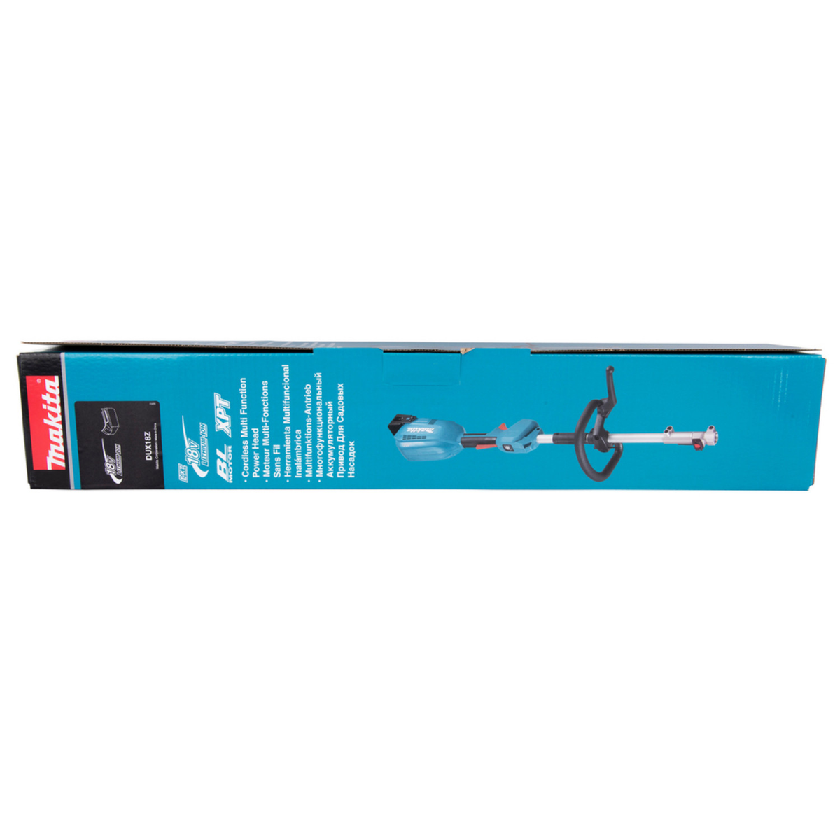 Eine Makita-Box mit Trimmer, Draufsicht. Weißer Hintergrund.