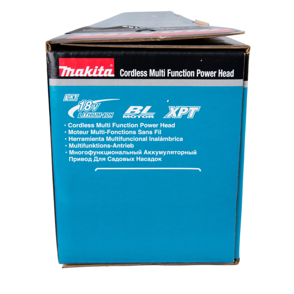 Makita-Box, blau und schwarz, Text in mehreren Sprachen. Weißer Hintergrund.