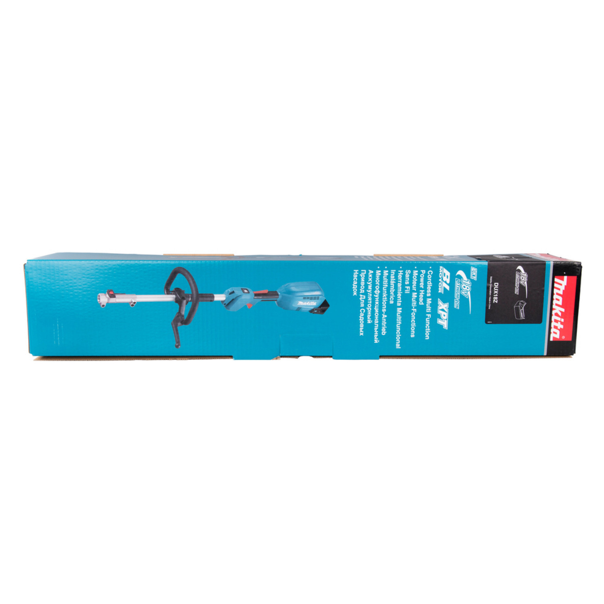 Eine Box eines Makita Multifunktionswerkzeugs. Es ist eine türkis-schwarze Box auf weißem Untergrund.