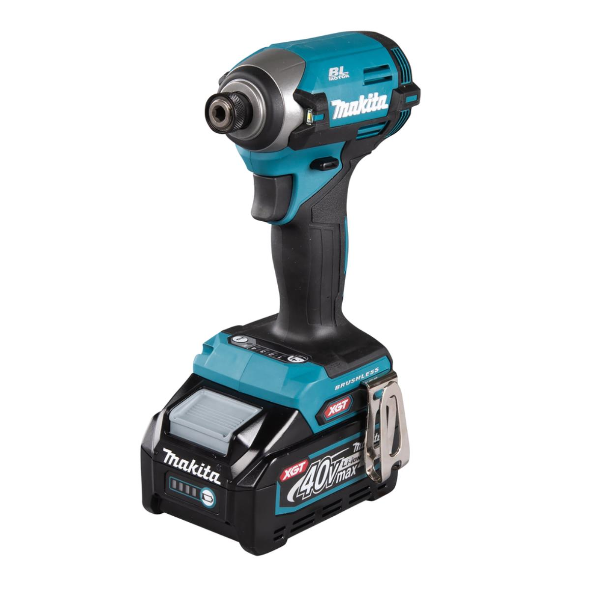 Avvitatore a percussione a batteria Makita, verde acqua e nero, con batteria.