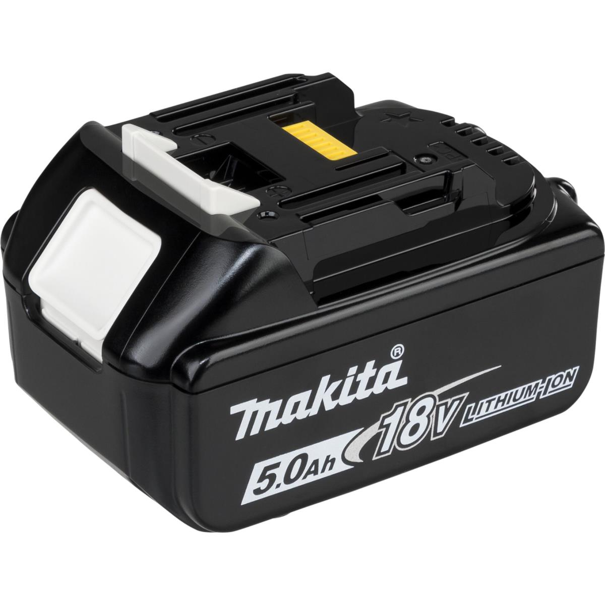 Schwarzer Makita 18V 5,0Ah Lithium-Ionen-Akku mit weißen und gelben Details.