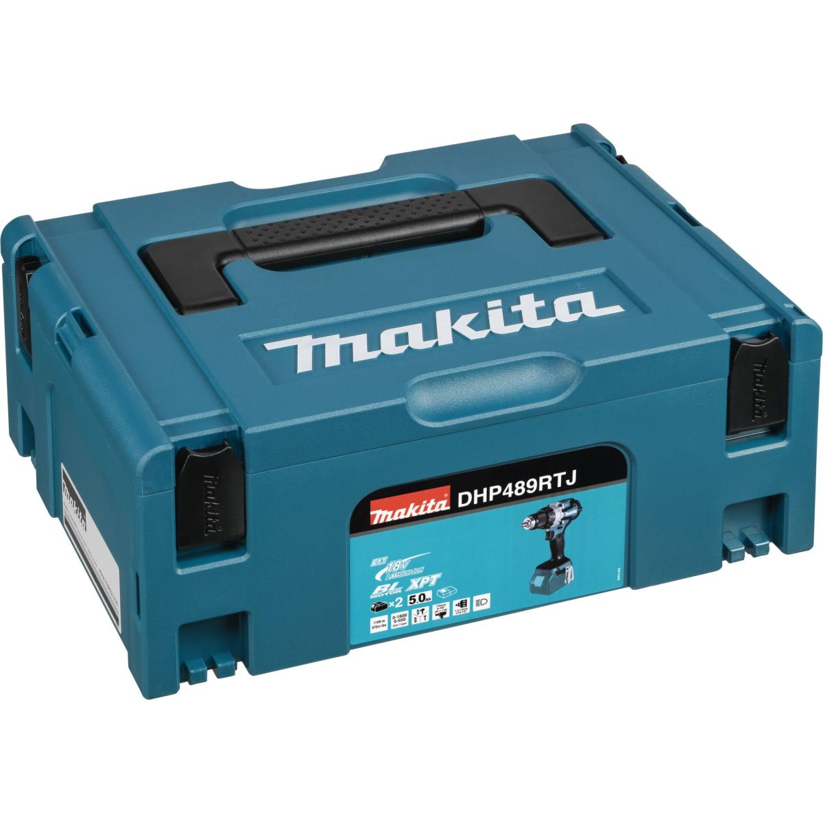 Ein blauer Makita-Werkzeugkoffer mit schwarzem Griff und Makita-Logo.