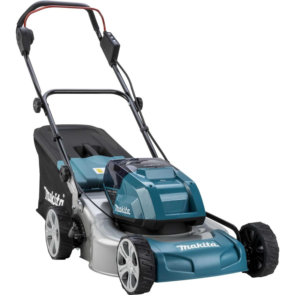 Cortacésped Makita. Verde azulado y plateado. Bolsa negra. Fondo blanco.