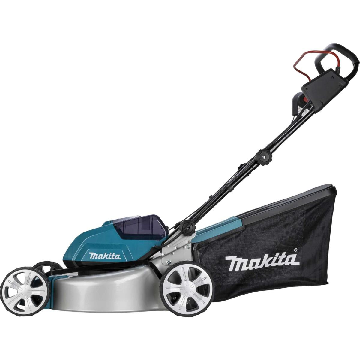 Cortacésped Makita en verde azulado y gris con bolsa de recogida negra.