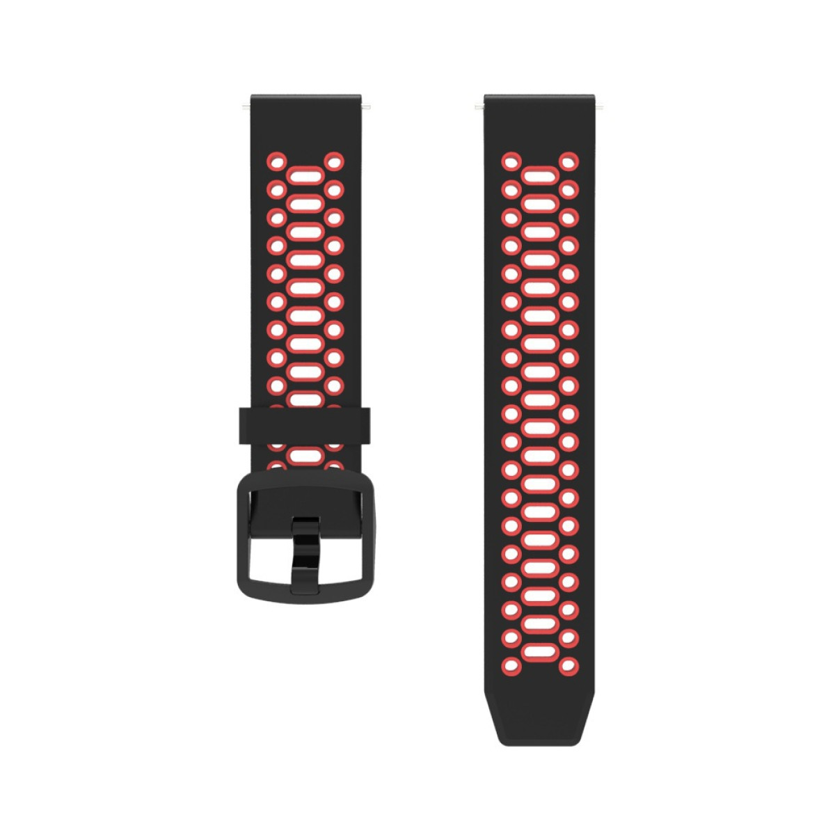 Due cinturini neri per smartwatch con fori a motivi rossi e fibbia nera.