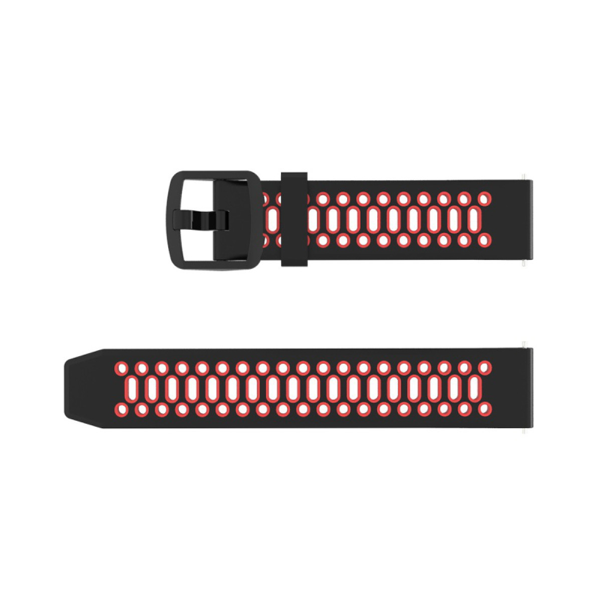 Cinturino per smartwatch nero e rosso con fibbia e fori.