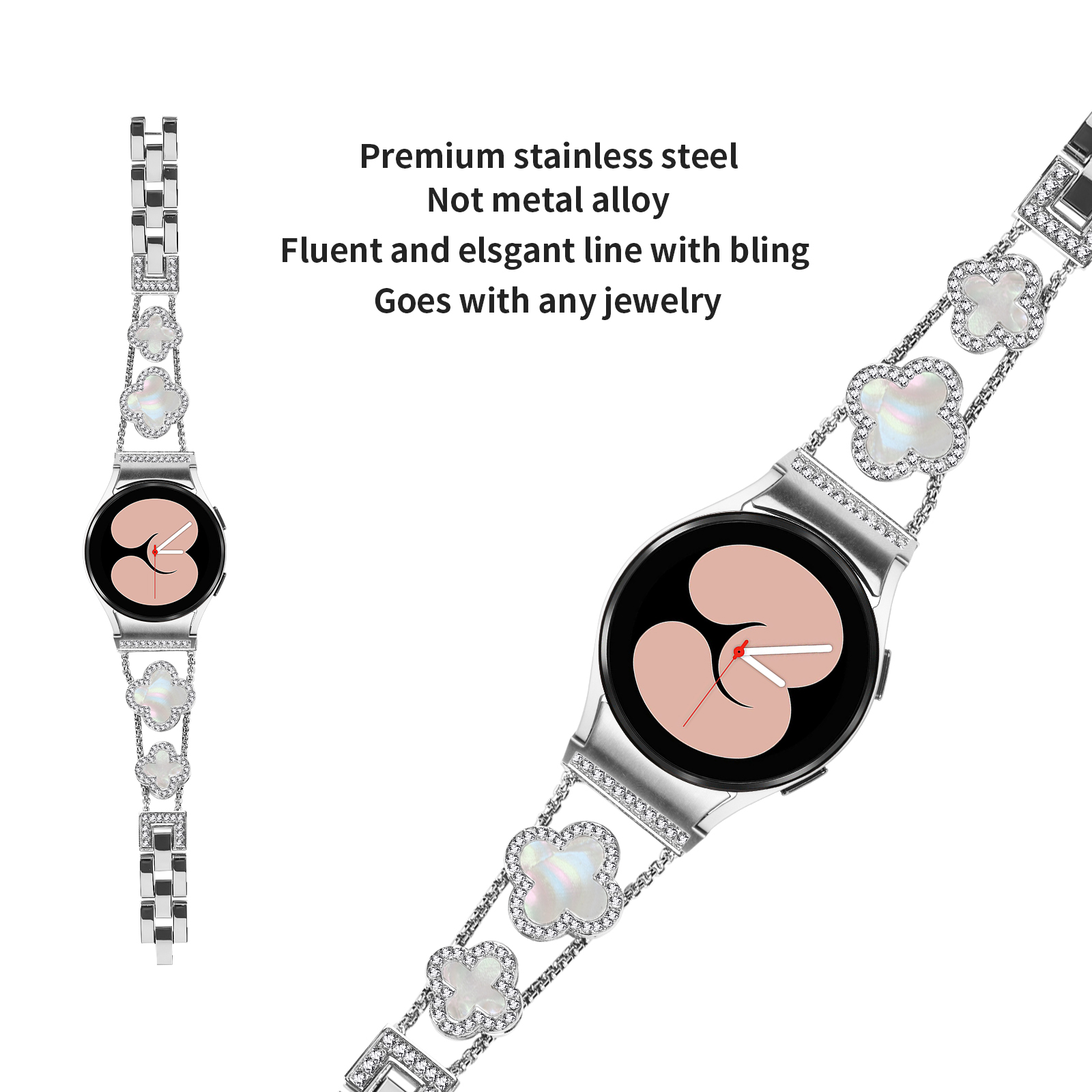 Silberne Smartwatch mit Kleeblatt-Armband. Text: hochwertiger Edelstahl, fließende und elegante Linie.