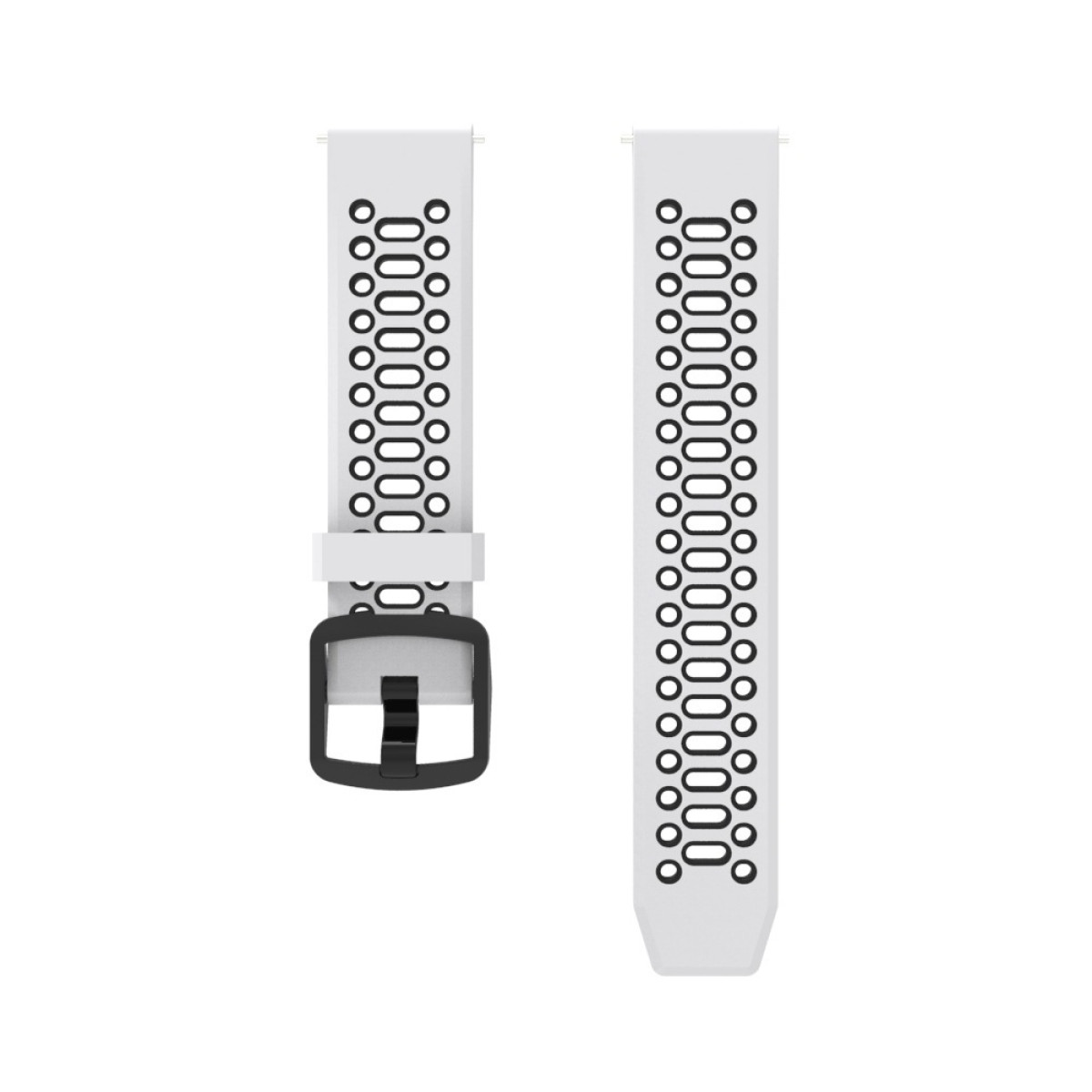 Due cinturini bianchi per smartwatch con fori a motivi neri e fibbia nera.