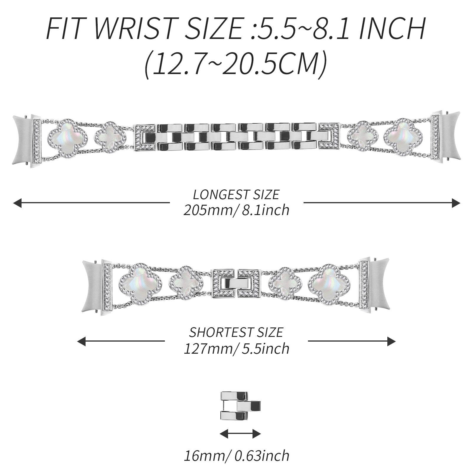 Ein silbernes Armband mit weißen dekorativen Elementen, das längste und kürzeste Größen zeigt.