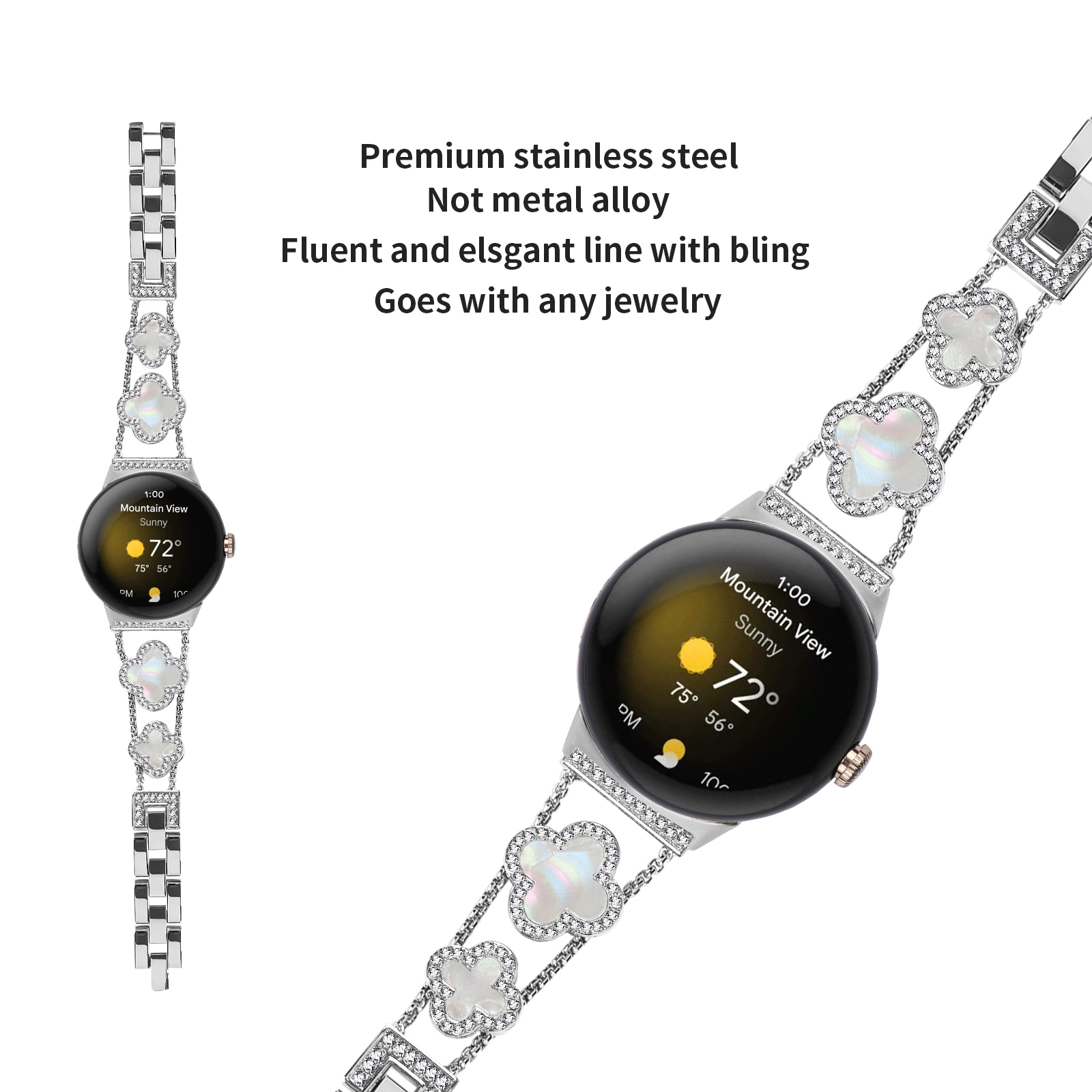 Smartwatch con cinturino argentato con maglie a forma di trifoglio, mostra ora e meteo.