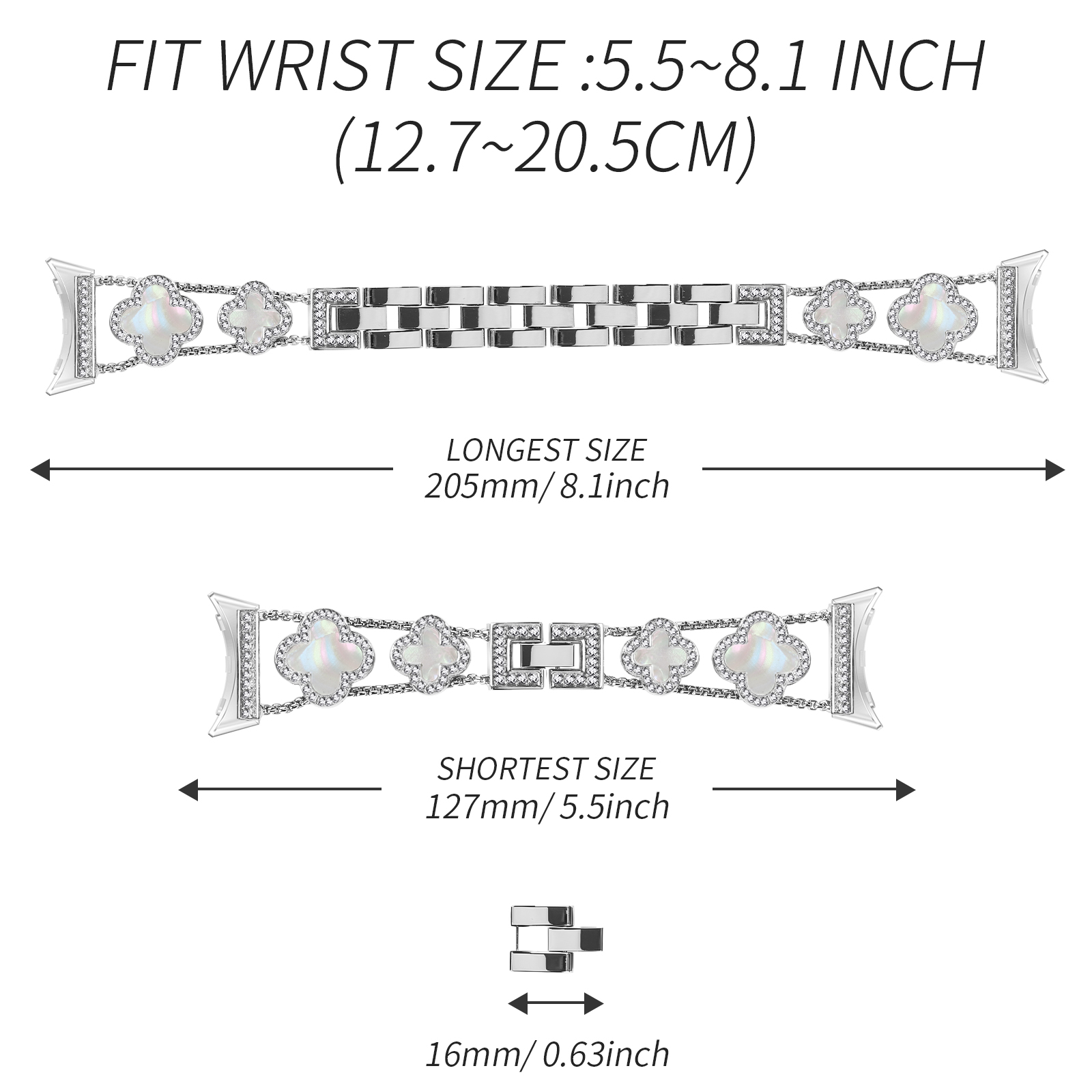 Bracciale argentato con ciondoli decorativi e testo che indica le gamme di dimensioni.