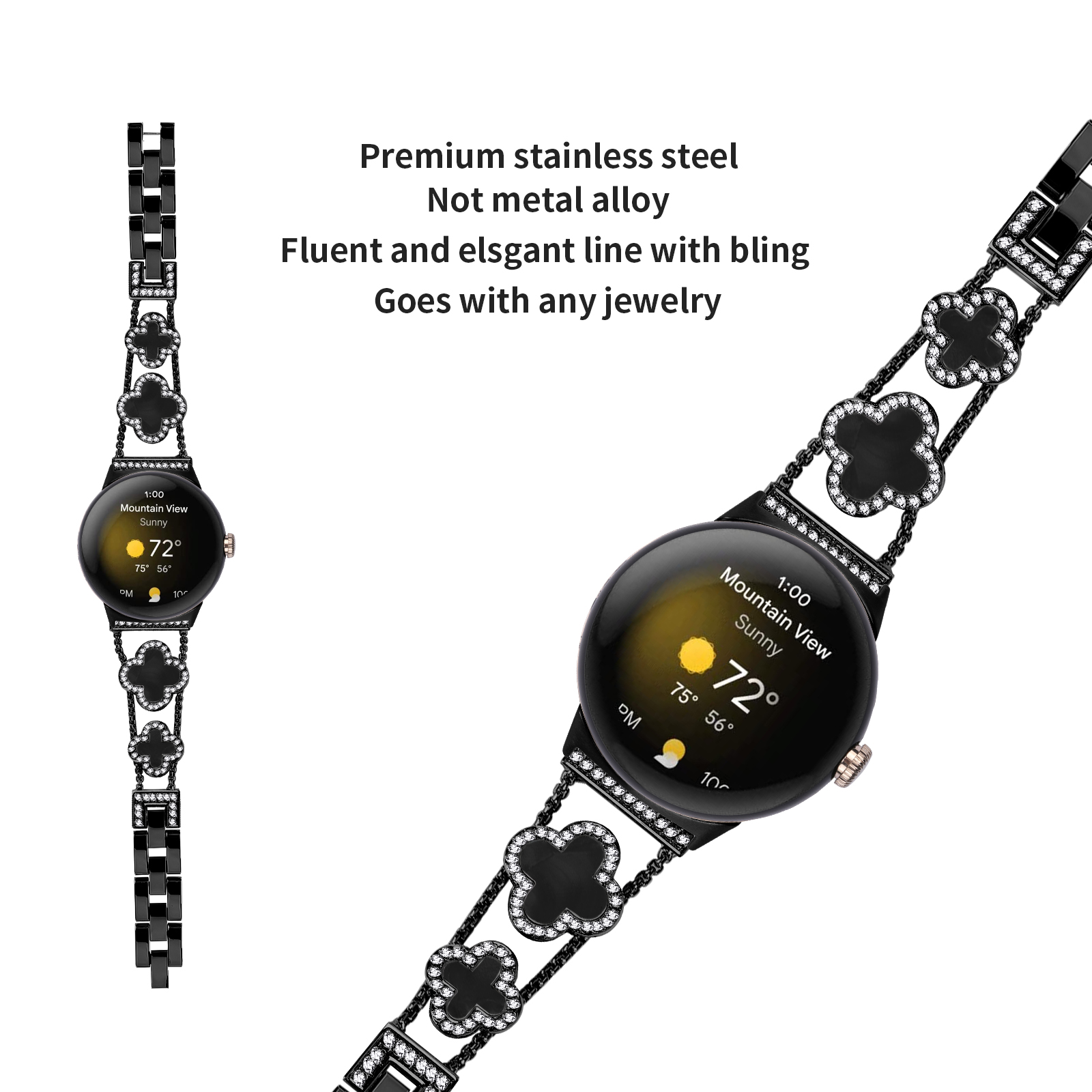 Smartwatch nero con cinturino floreale, schermo circolare che mostra ora e meteo.