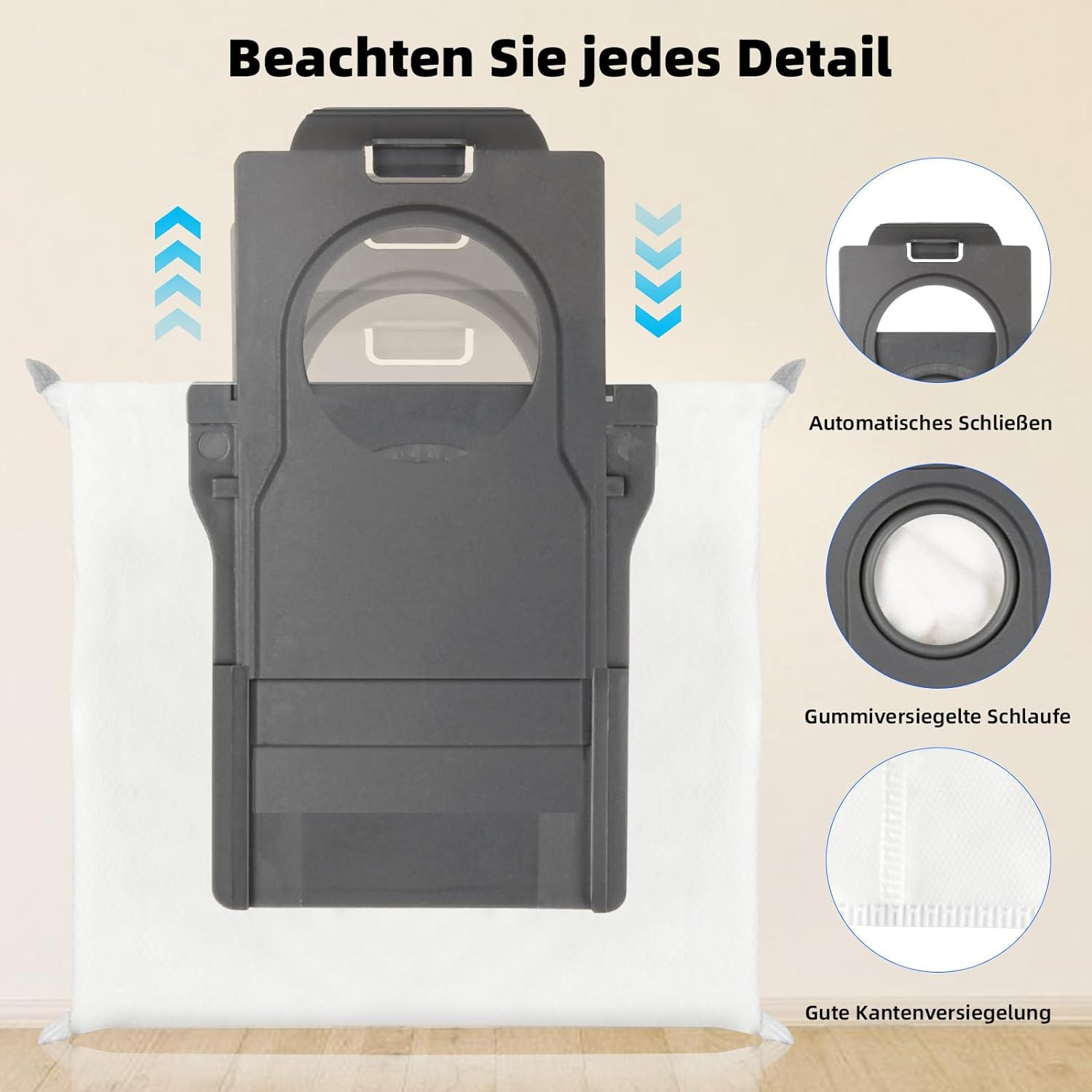 Komponenten des Staubsaugerbeutels. Der Beutel befindet sich in einem grauen Kunststoffhalter.