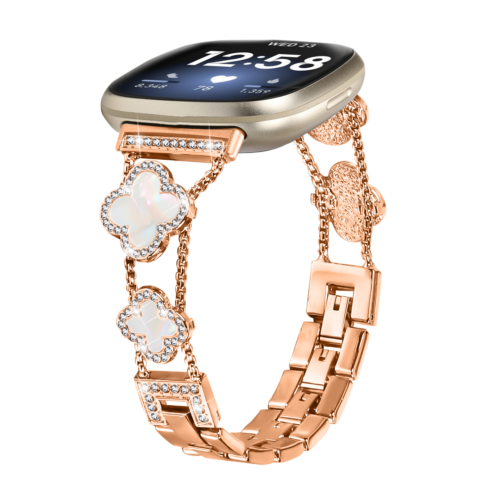 Roségold-Uhr mit dekorativem Armband mit weißen kleeblattförmigen Verzierungen.
