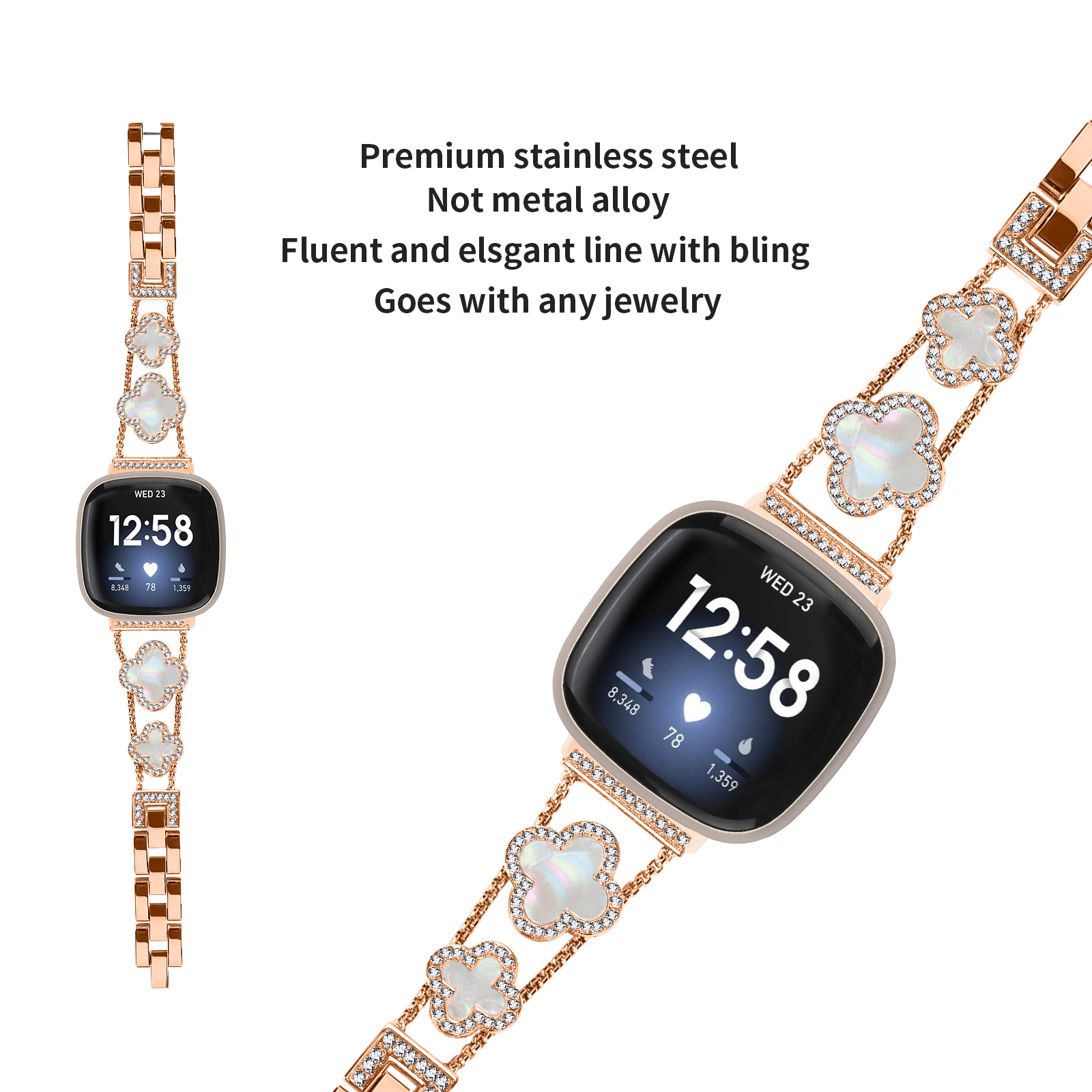 Roségoldenes Smartwatch-Armband mit weißen Kleeblatt-Anhängern und Text.