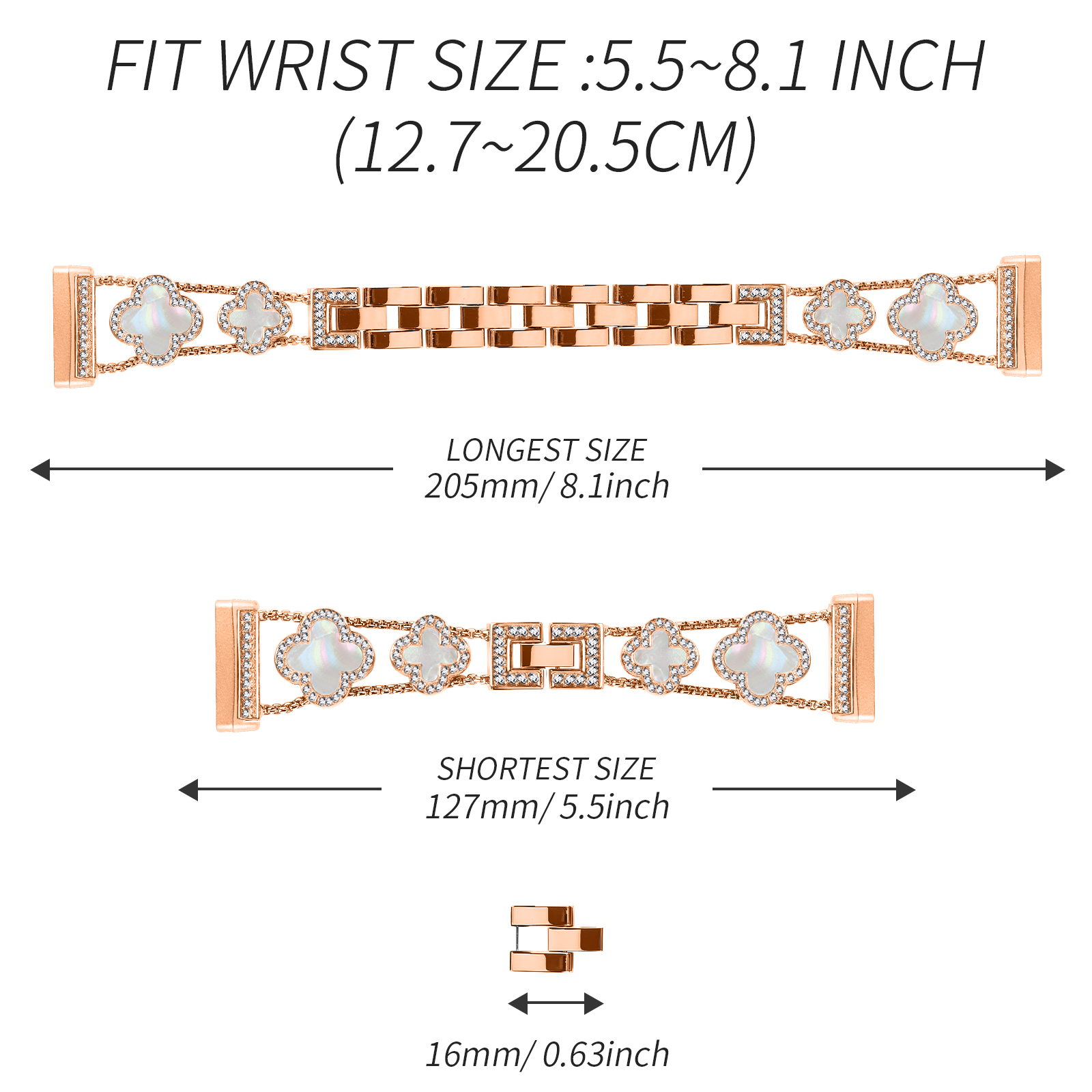 Ein roségoldfarbenes Uhrenarmband mit floralem Design und Text, der den Handgelenkbereich angibt.