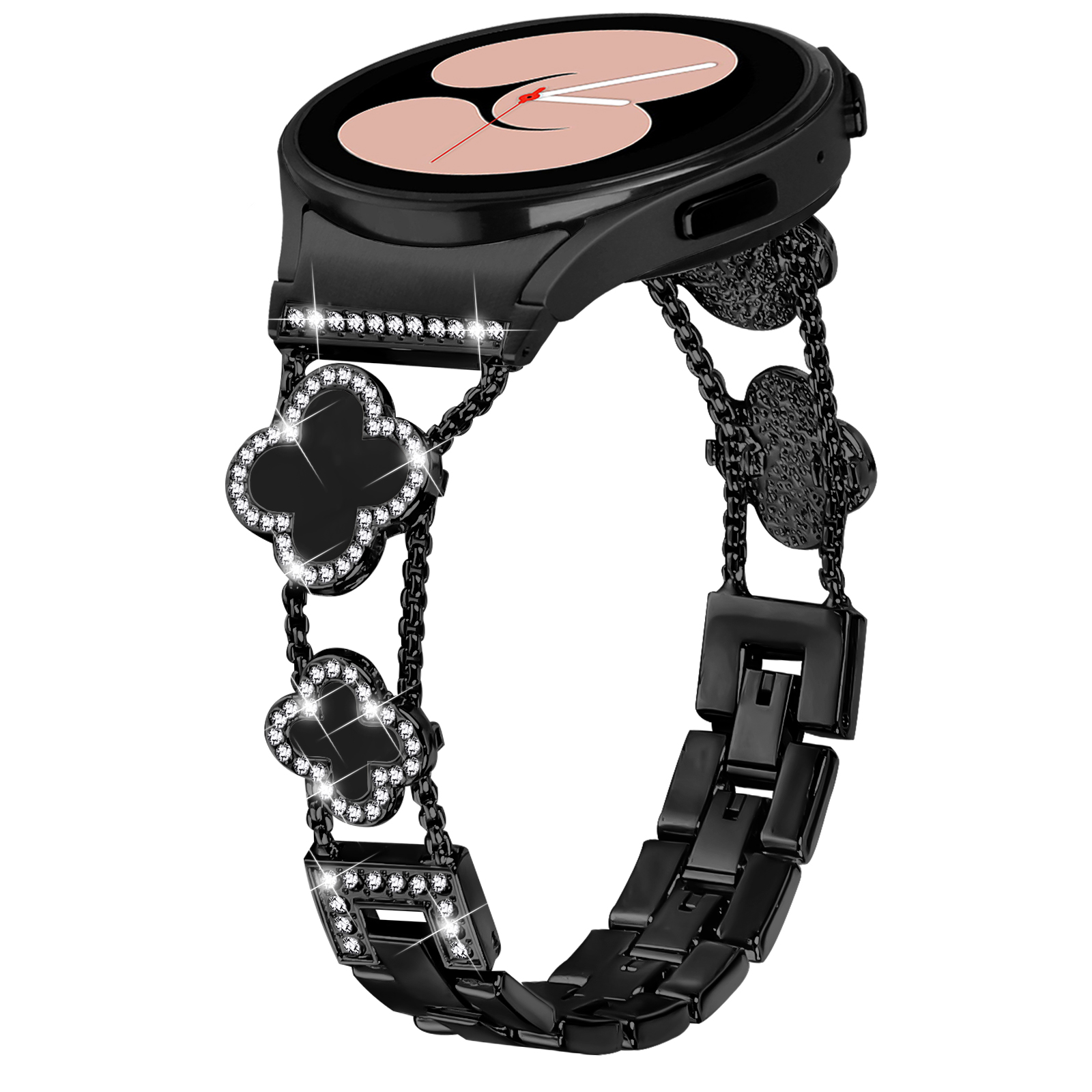 Schwarze Smartwatch mit dekorativem schwarzen Armband mit Strasssteinen in Kleeblattform.