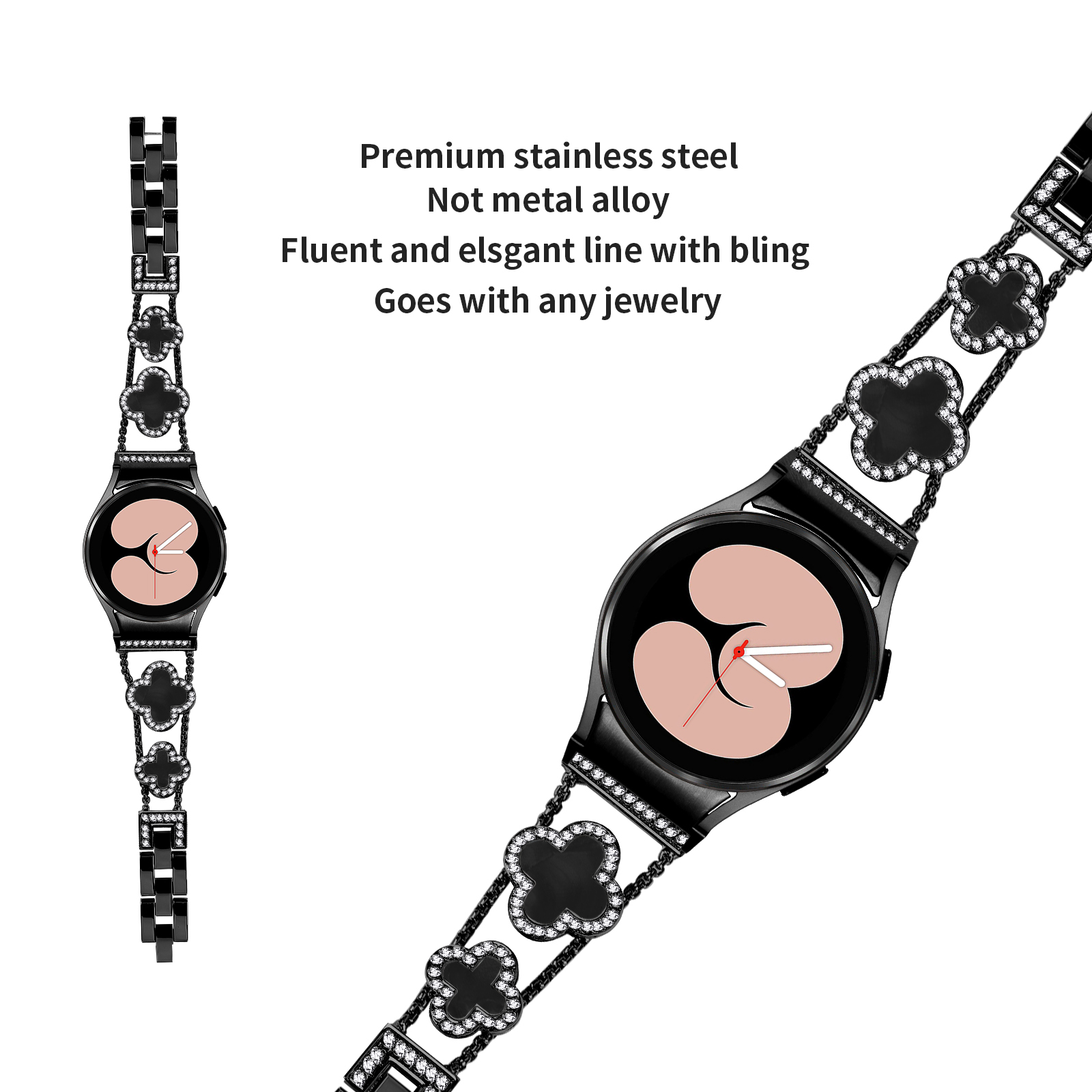 Schwarze Smartwatch mit Kleeblatt-Armband, Text: hochwertiger Edelstahl.